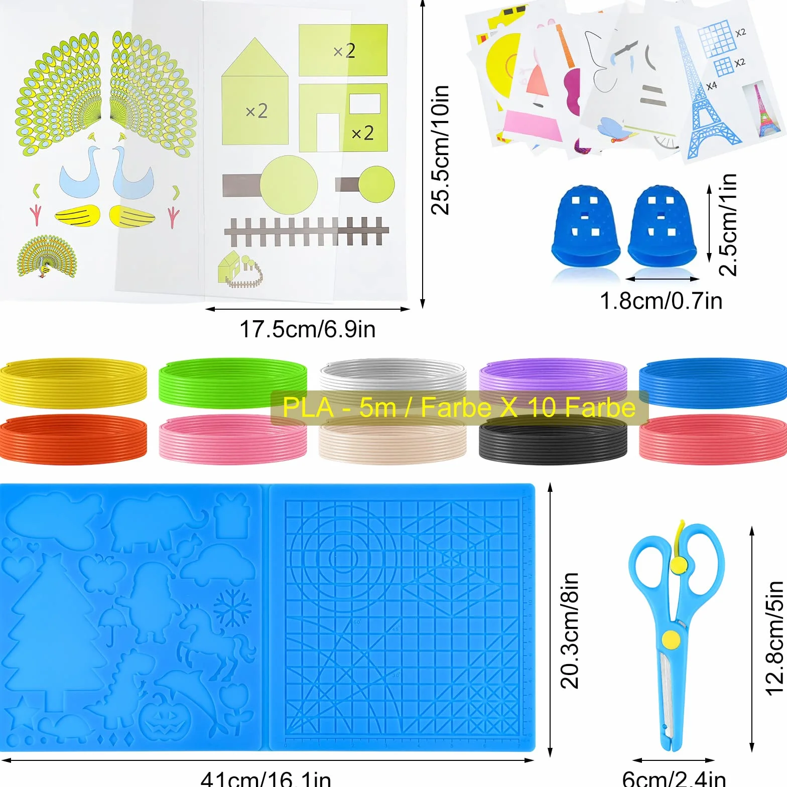 Zestaw akcesoriów do pióra 3D, filament PLA 1,75 mm, mata silikonowa 41,2 x 20,3 cm, ochraniacze na palce, nożyczki