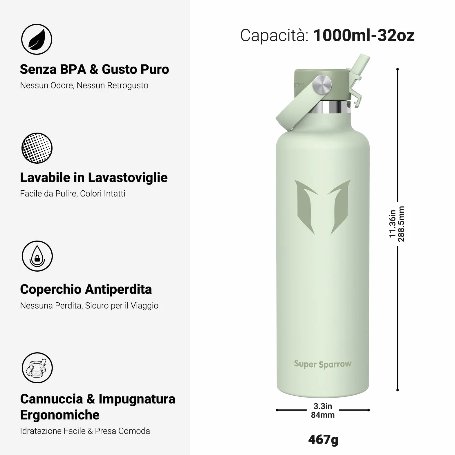 Super Sparrow Borraccia Termica Acciaio Inox 350ml 500ml 750ml 1L 1.2L Senza BPA