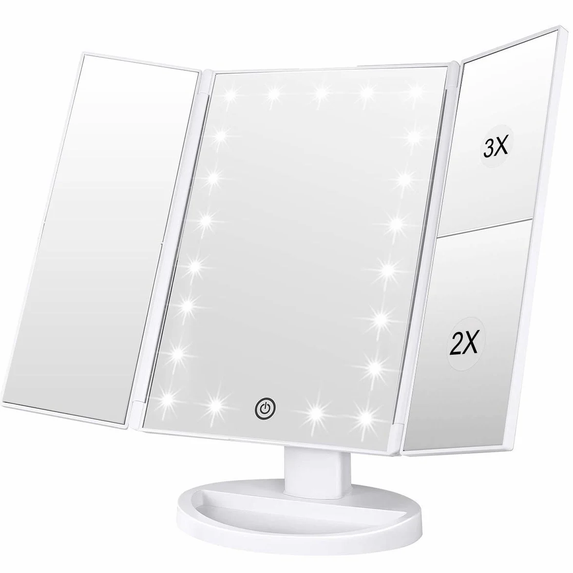 WEILY Specchio per Trucco con 21 Luci, 1x / 2x / 3x Specchietti per Ripiegabile con che Ruota di 180°, Specchio Trifold con Touch Screen Regolabili per Regalo Donne (Bianco)