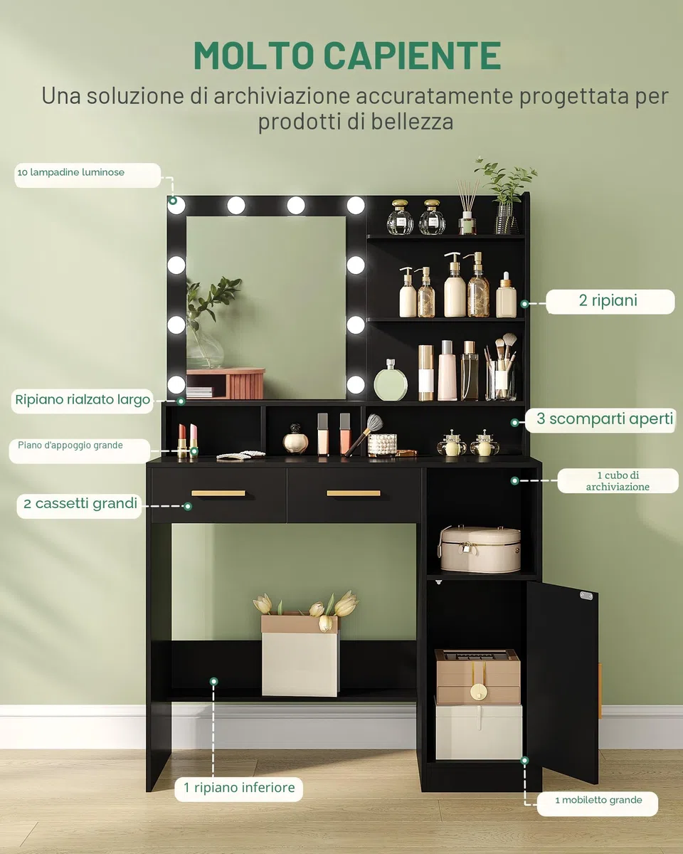 Hzuaneri Toeletta da Trucco, con 10 Luce LED con Luminosità Regolabile, Tavolo da Trucco con Specchio, 2 Cassetti e 1 Armadietto, 3 Ripiani e 4 Scomparti Aperti, Nero DT32506X