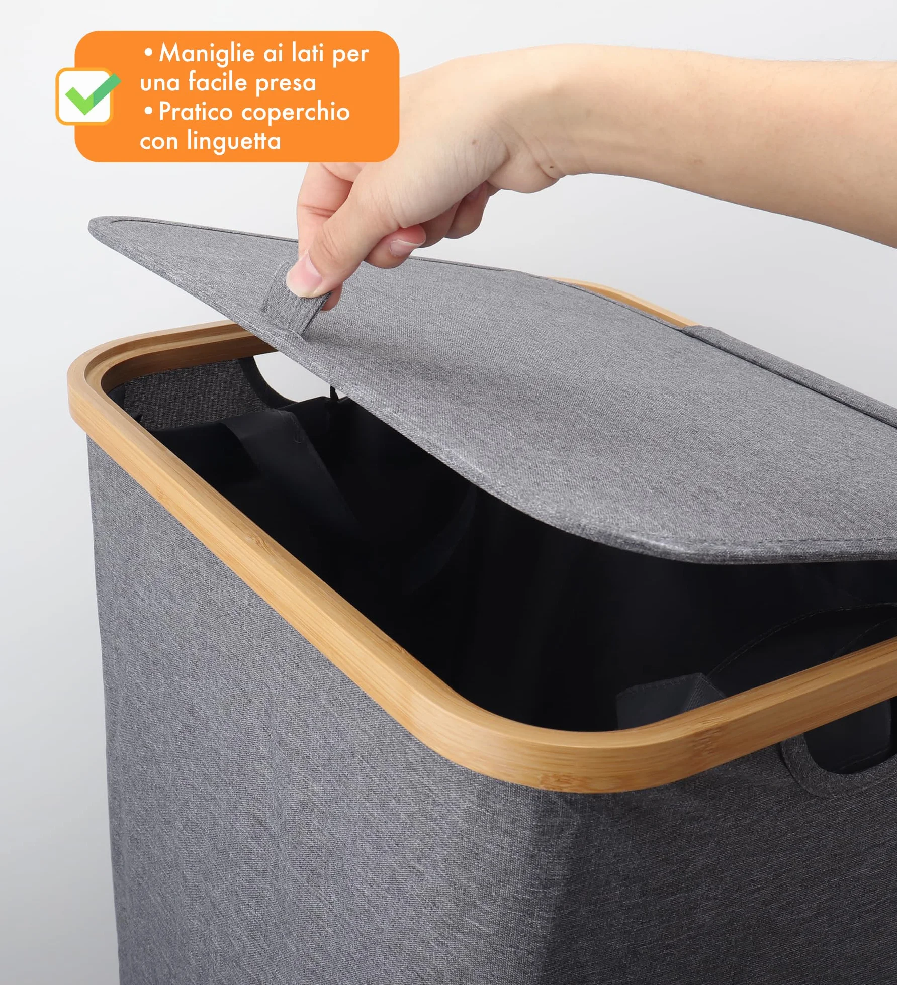 IlGruppone Cesto Portabiancheria con Coperchio Cesta Bucato 100L con Sacco Interno Removibile Tessuto Oxford Manici in bambù Pieghevole Grande Biancheria Sporca - Grigio