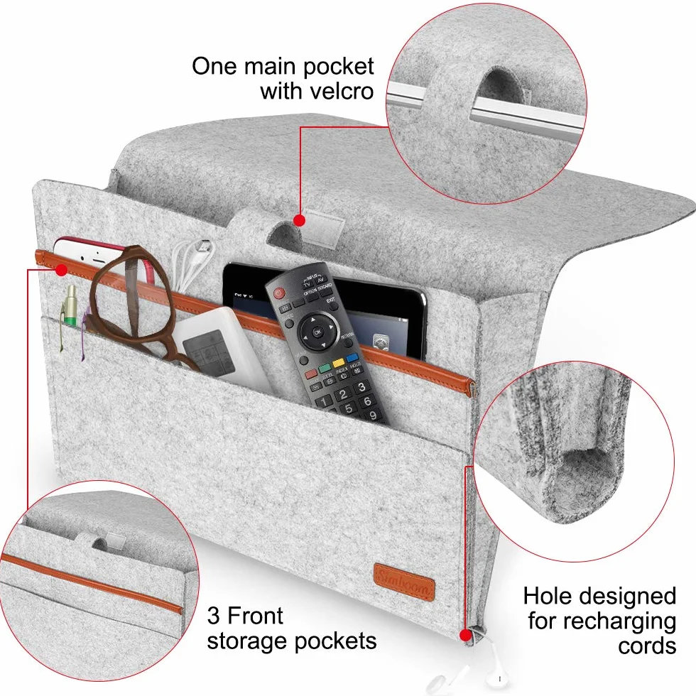SIMBOOM Organizer per Letto 4 Tasche Portaoggetti Borsa in Feltro Comodino Grigio Chiaro