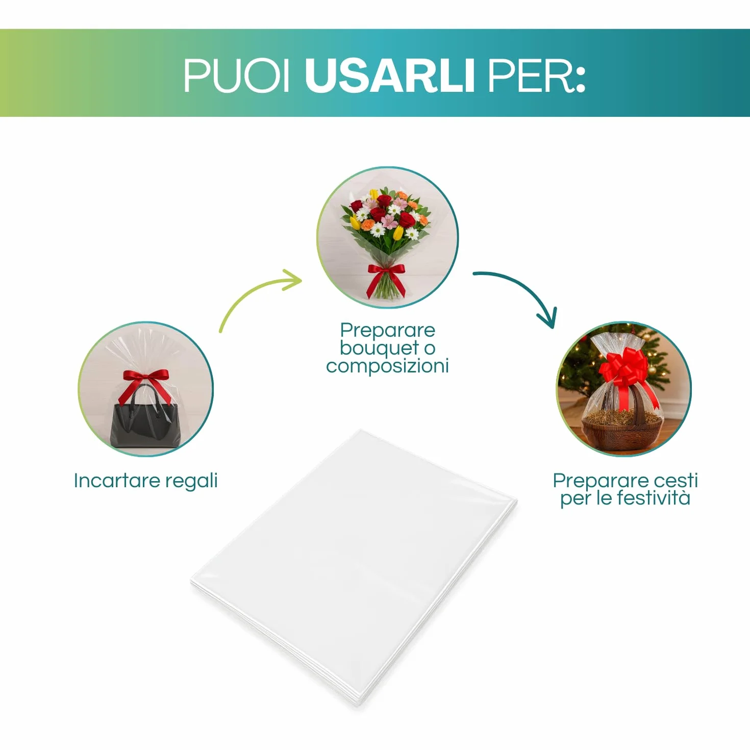 Fogli Cellophane 50 Pezzi, fogli Trasparenti, misura pari a 100 x 130,5 cm, carta per cesti, confezionare piante, per regalo Natale, Pasqua, Feste ed Eventi