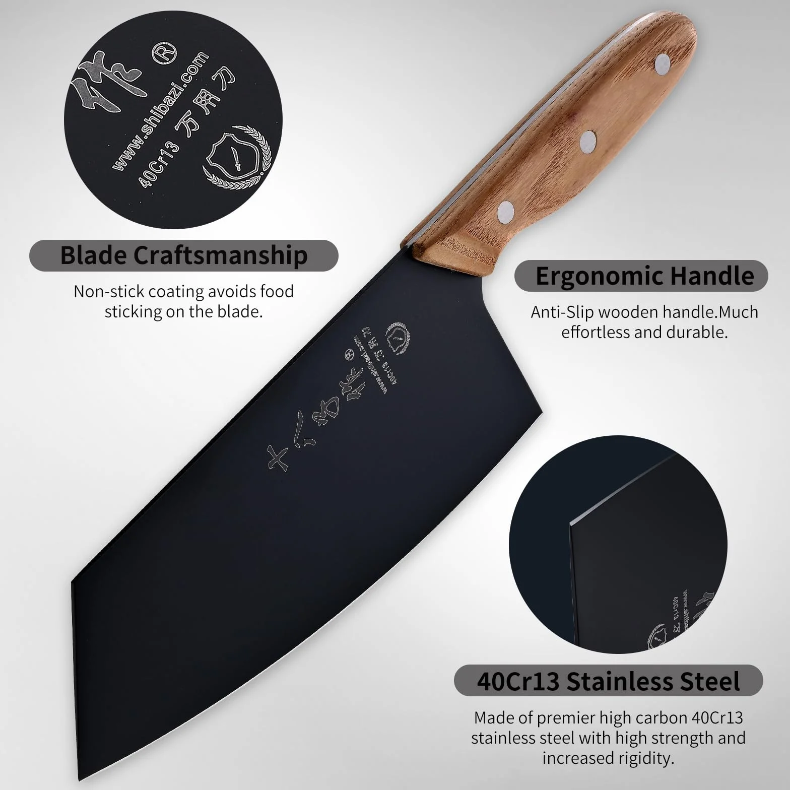 Coltello Chef da Cucina con Lama Nera e Maniglia in Legno Ergonomica
