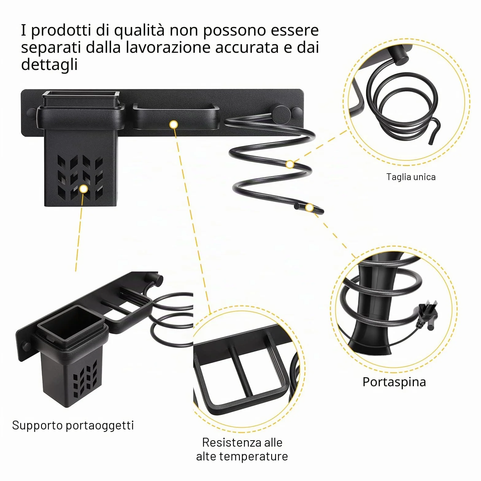 YUET Supporto per asciugacapelli, Porta Asciugacapelli da Parete Alluminio con Fermacavi con Viti di Fissaggio, Supporto per Piastra per Capelli per Camere da Letto Toilette Barbiere (Nero)