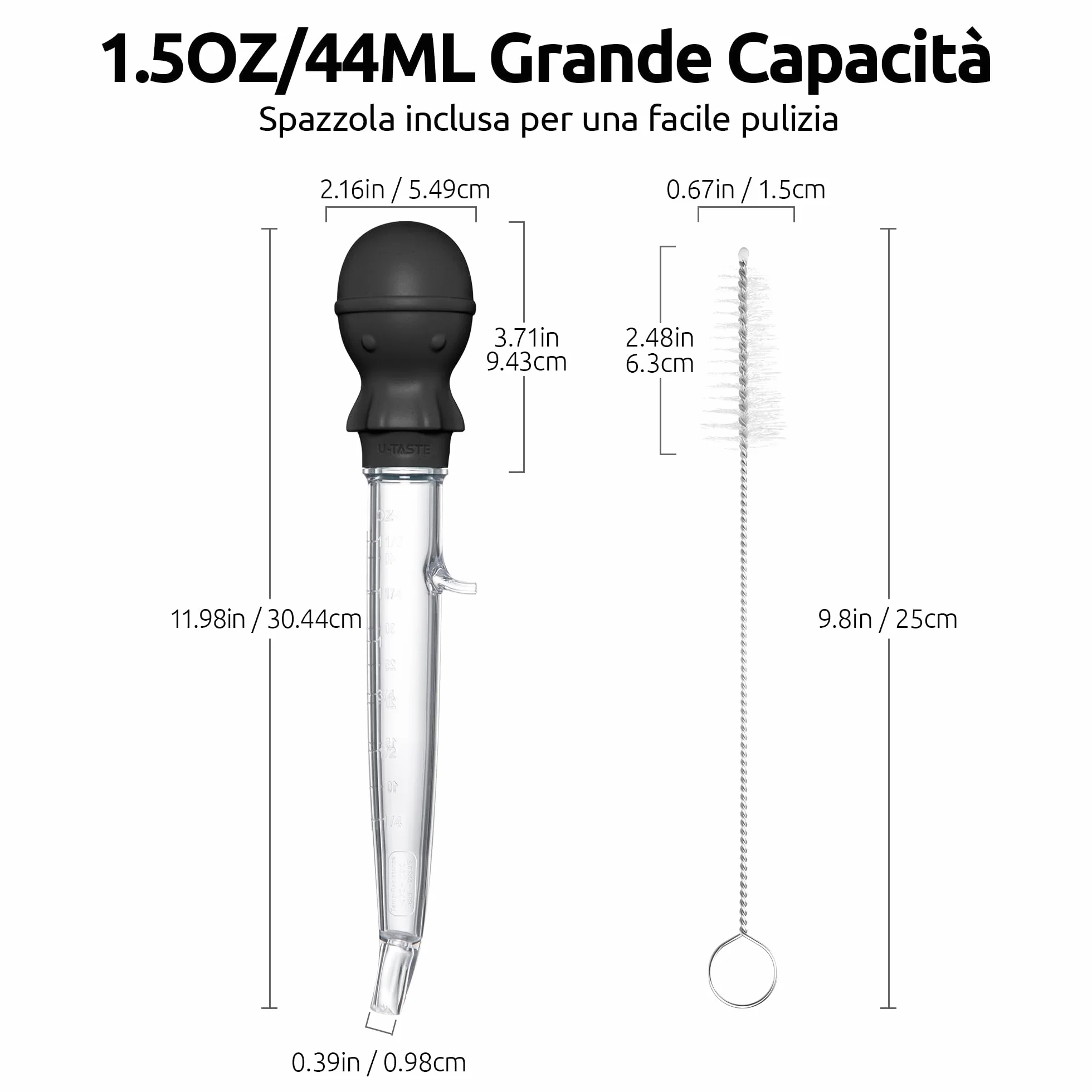U-Taste Grande Baster per Tacchino Angolato 109℃ Resistente al Calore Pipetta per Grasso di Carne in Tritan con Bulbo di Polpo in Silicone 44 ml Nero