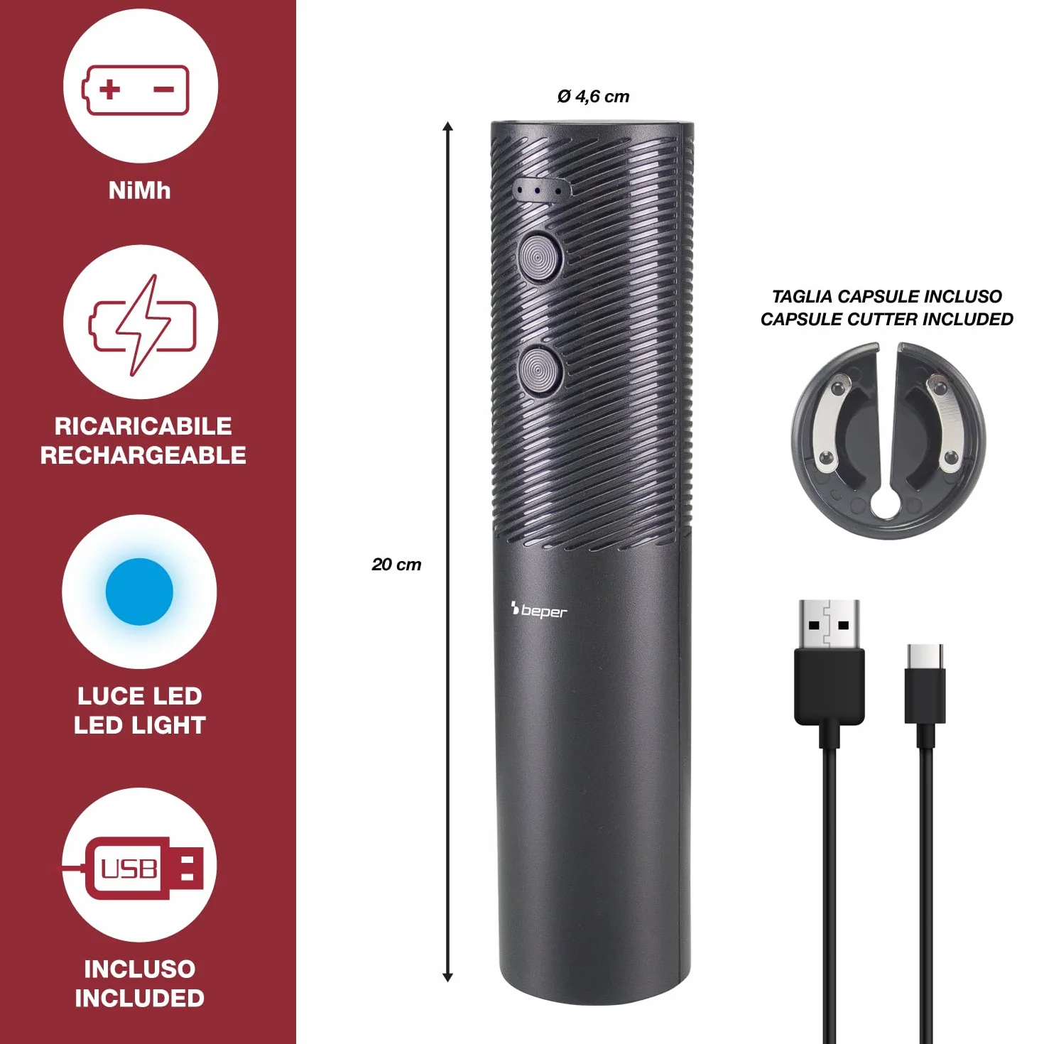 BEPER P102ACP103 Cavatappi Elettrico Ricaricabile USB, Apribottiglie Vino, Taglia Capsule