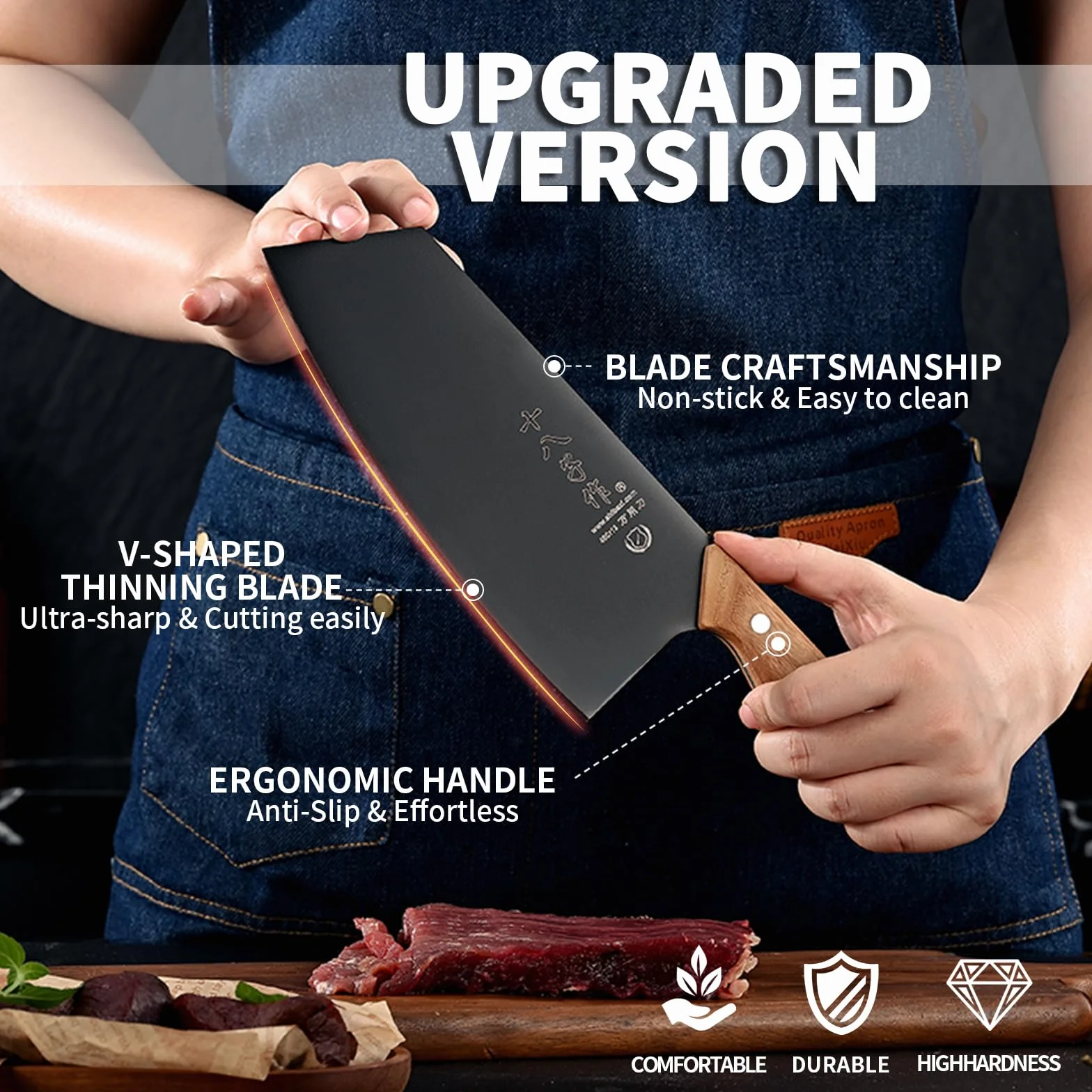 Coltello Chef da Cucina con Lama Nera e Maniglia in Legno Ergonomica