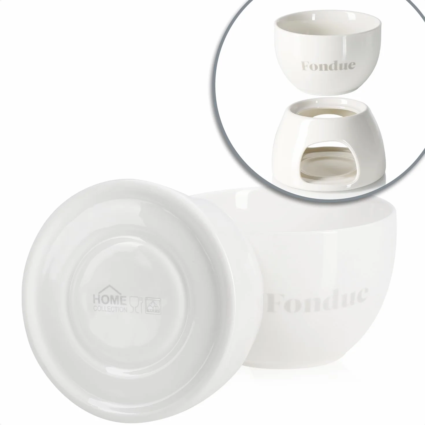 COM-FOUR® Set per fonduta di cioccolato - ciotola in ceramica con portacandela e 4 forchette - crogiolo per cioccolato e formaggio - bianco