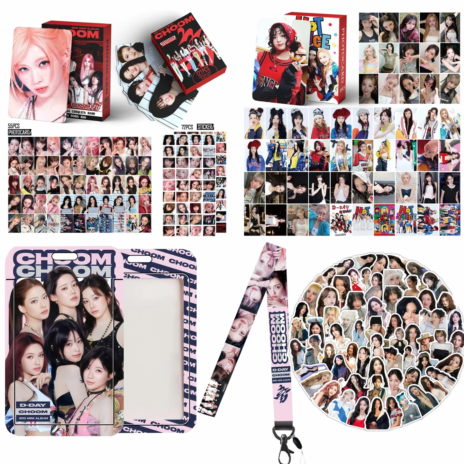 Set regalo per album choom, include 182 fototessere (110 fotocard, 72 mini adesivi), 100 adesivi per album, 1 cordino, 1 porta carte