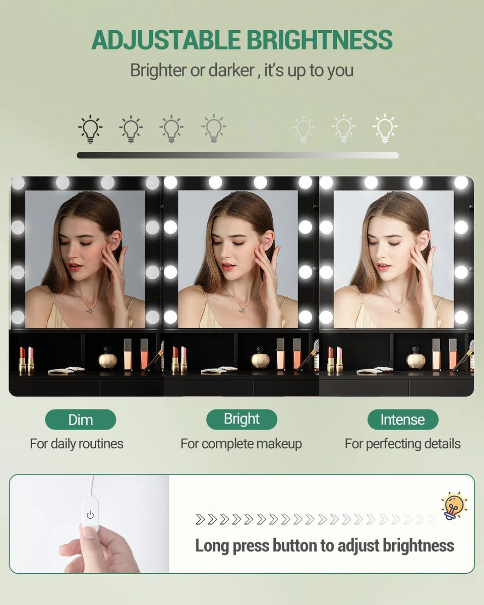 Hzuaneri Toeletta da Trucco, con 10 Luce LED con Luminosità Regolabile, Tavolo da Trucco con Specchio, 2 Cassetti e 1 Armadietto, 3 Ripiani e 4 Scomparti Aperti, Nero DT32506X
