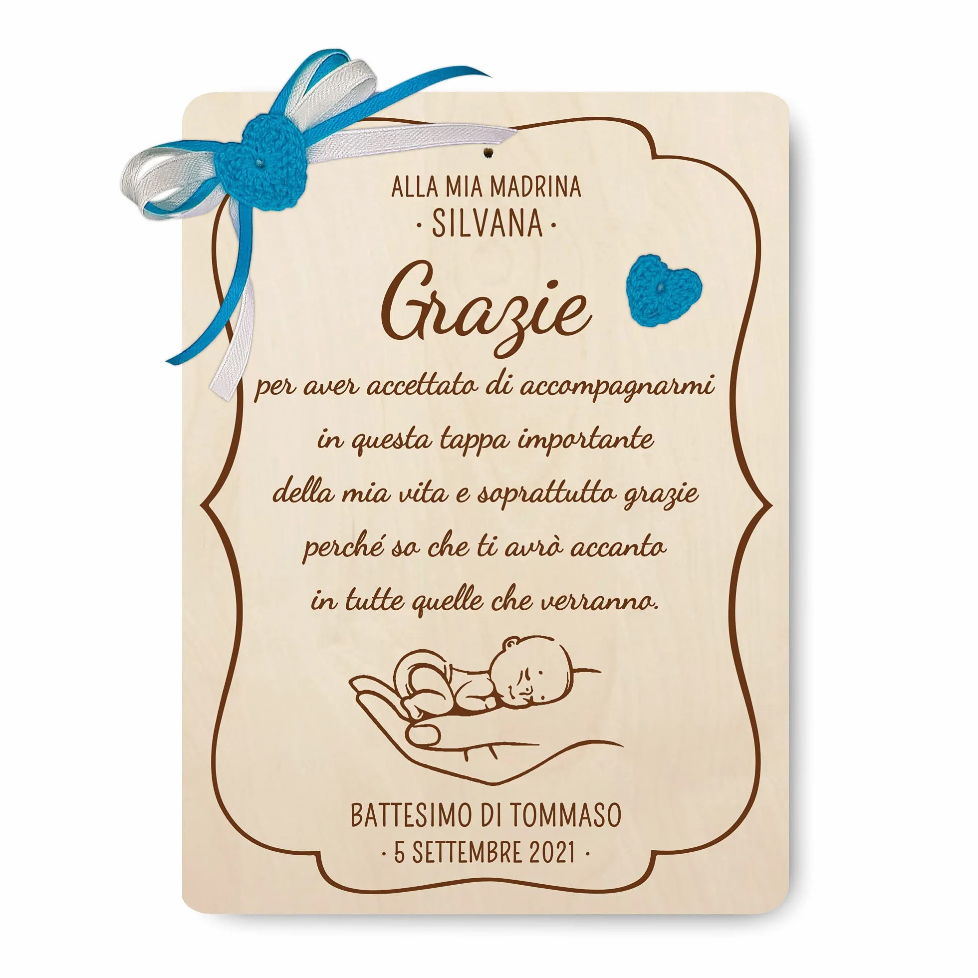 Targa targhetta ricordo per madrina padrino battesimo cresima idea regalo personalizzata nome e data con scatola regalo