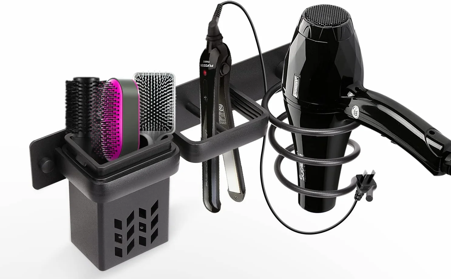 YUET Supporto per asciugacapelli, Porta Asciugacapelli da Parete Alluminio con Fermacavi con Viti di Fissaggio, Supporto per Piastra per Capelli per Camere da Letto Toilette Barbiere (Nero)