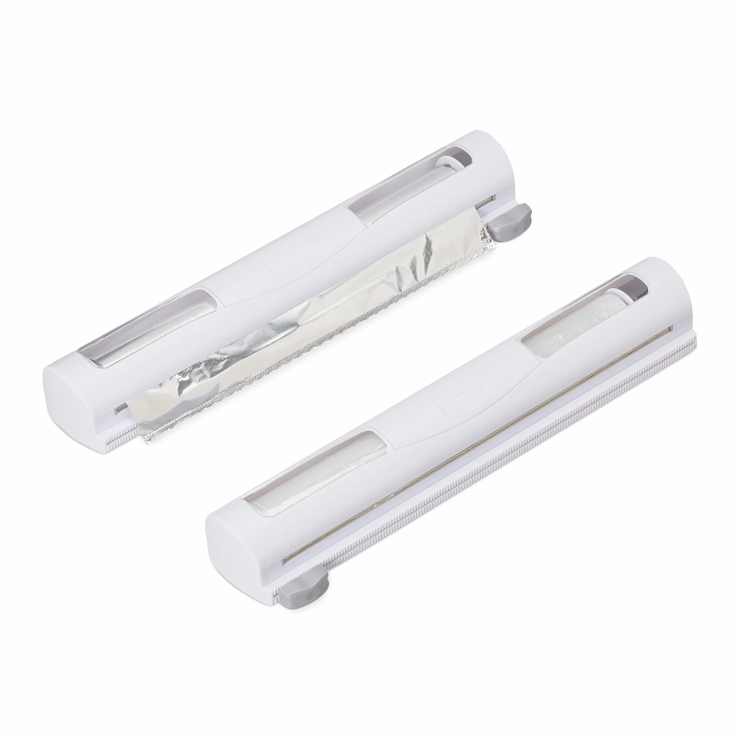 Relaxdays Taglierina da Cucina, Set da 2, Pellicole di Plastica & Alluminio, Trasparente, Taglio Netto, 5x37x8, Bianco