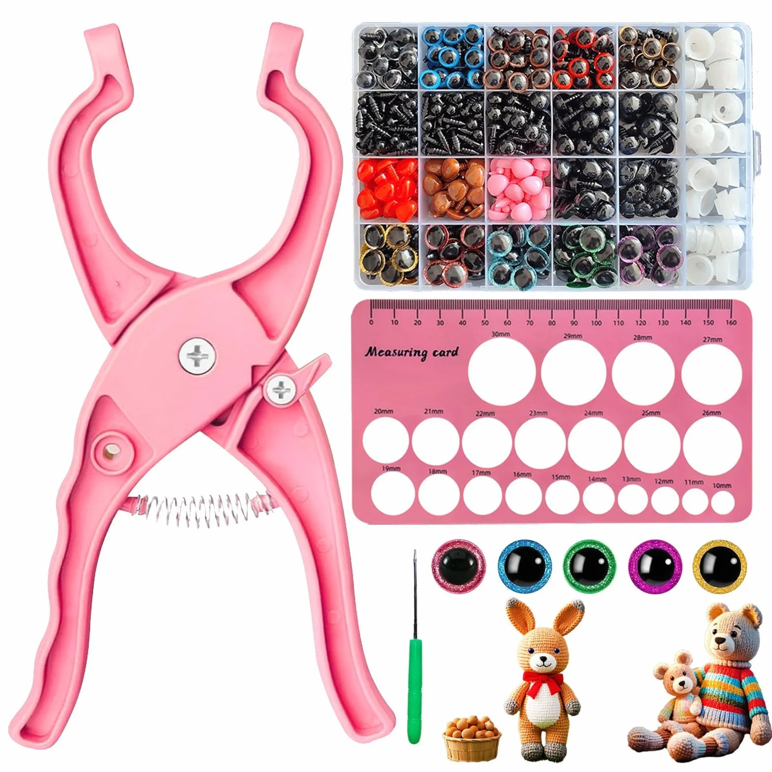 Kit Occhi di Sicurezza Rosa 1150 PCS con Pinza Ergonomica 5-30 mm per Amigurumi 3D Glitter