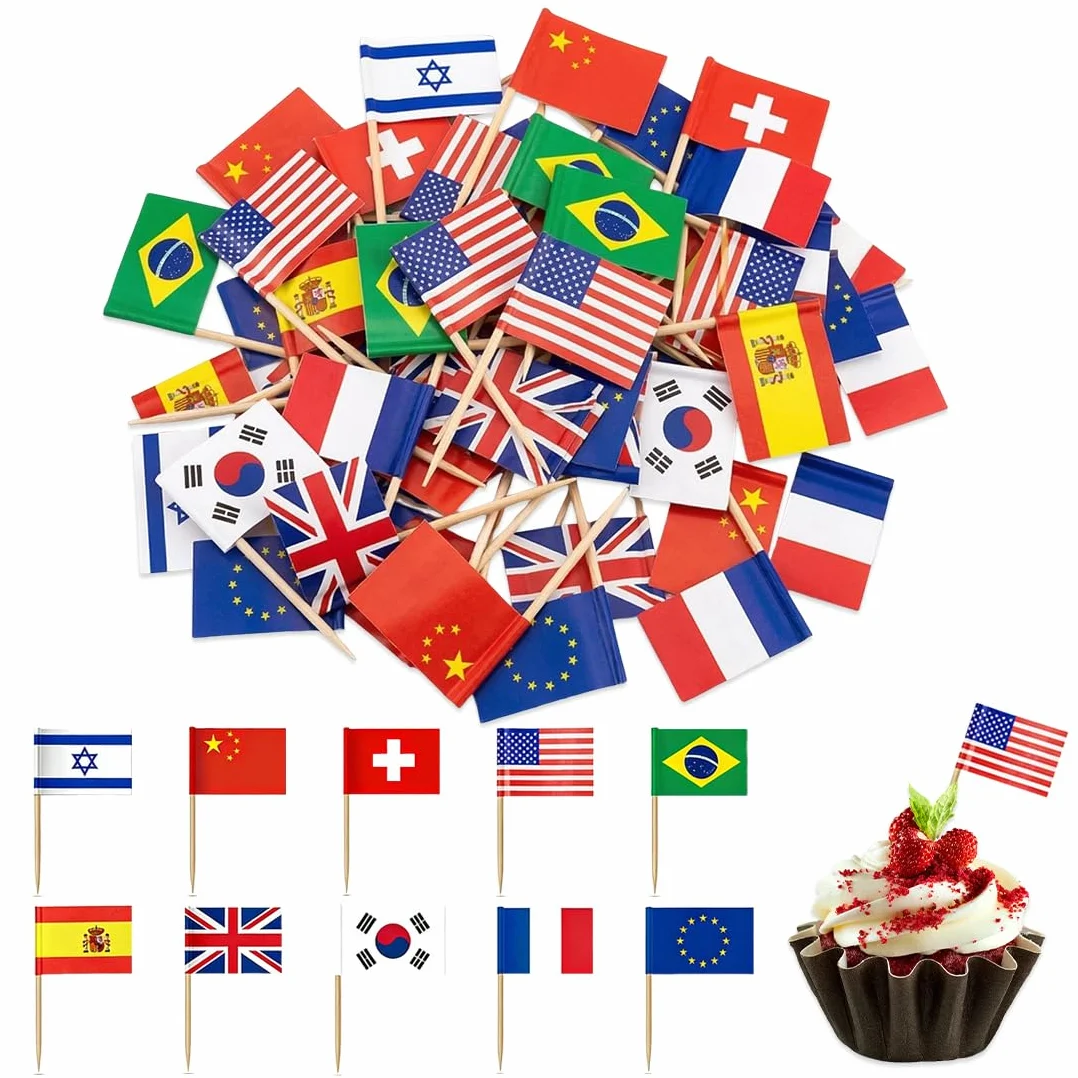 100 Stuzzicadenti con Bandierine del Mondo, Stecchini in Legno e Bandierine di Carta 2,5x3,5 cm, Decorazione per Cocktail, Cupcake, Europei, Mondiali e Feste di Calcio