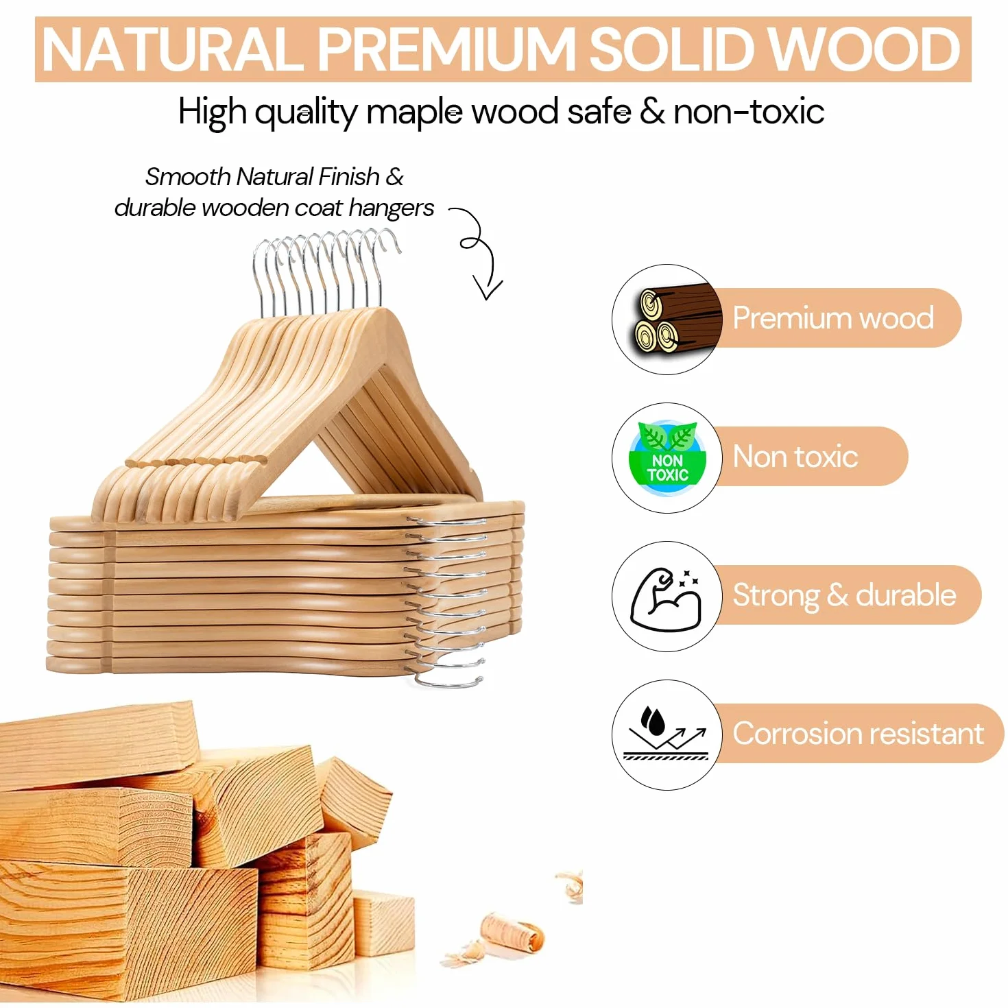 Grucce Legno con Scanalature su Spalle, Gancio Girevole 360°, Barra Portapantaloni Antiscivolo, Confezione da 20