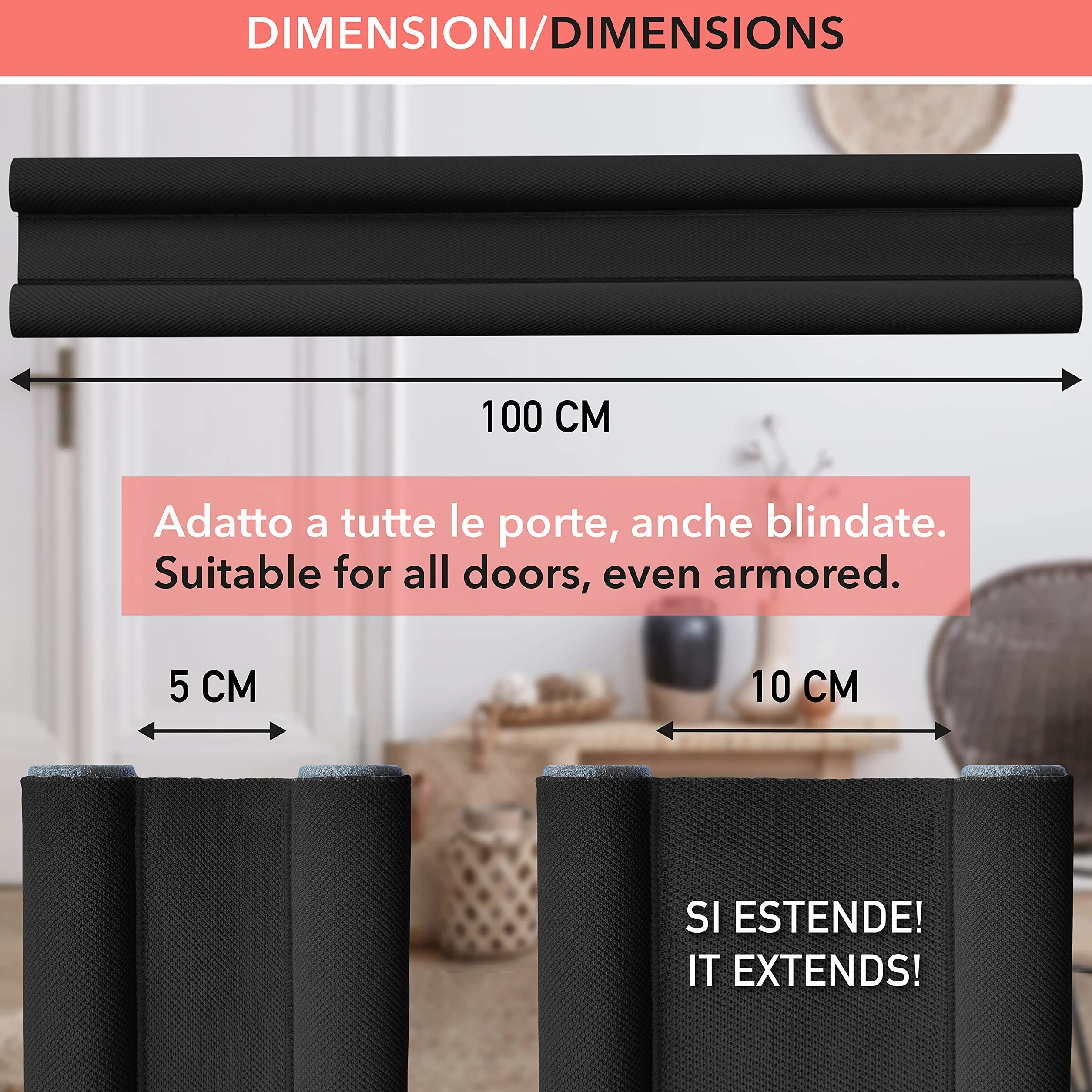 Paraspifferi Sottoporta per Porte Blindate Nero 100 cm 4,5-12 cm Spessore