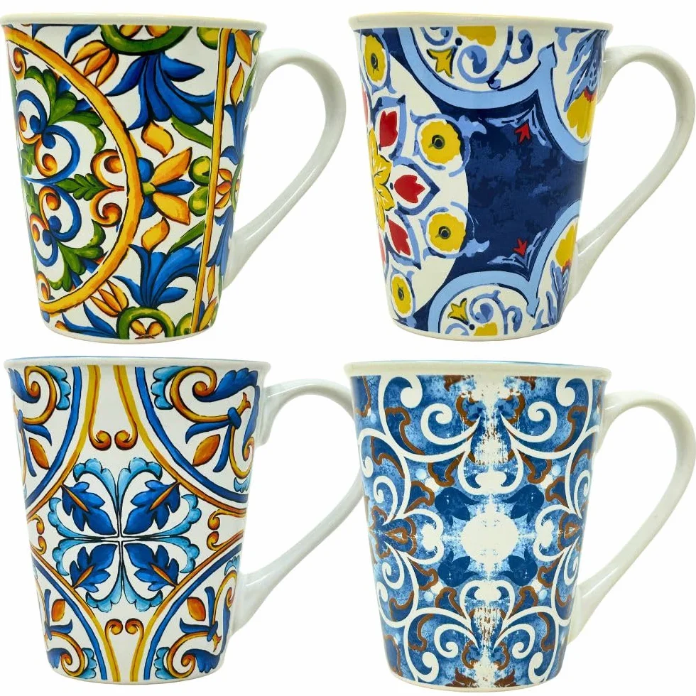 NAMAI Set 4 Tazze Colazione 300 ml Porcellana Lavastoviglie Microonde Design Unico Idea Regalo
