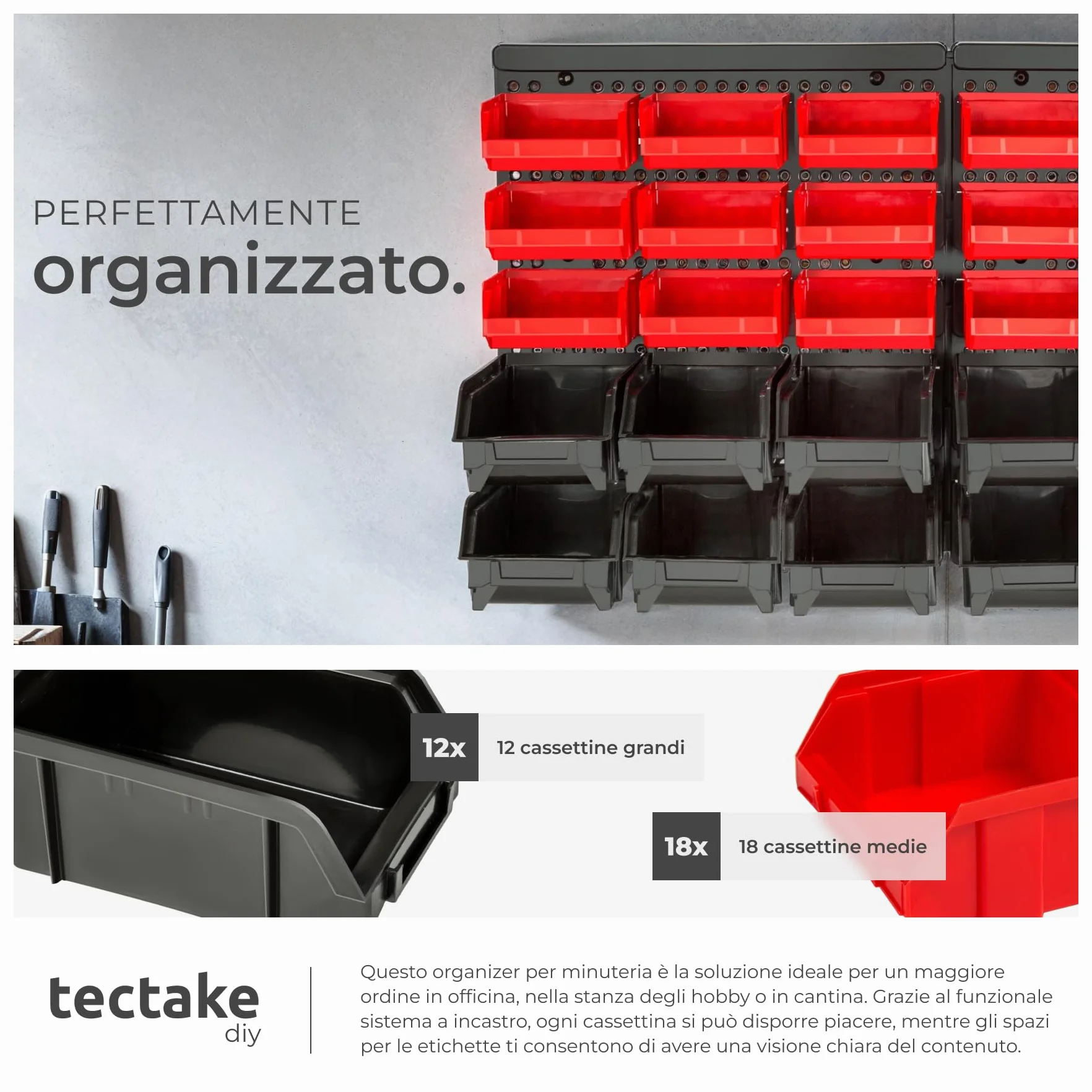 tectake Portaminuteria Scaffale da Parete 30 Cassetti Impilabili 64x38x17,5 cm Cassettiera Officina