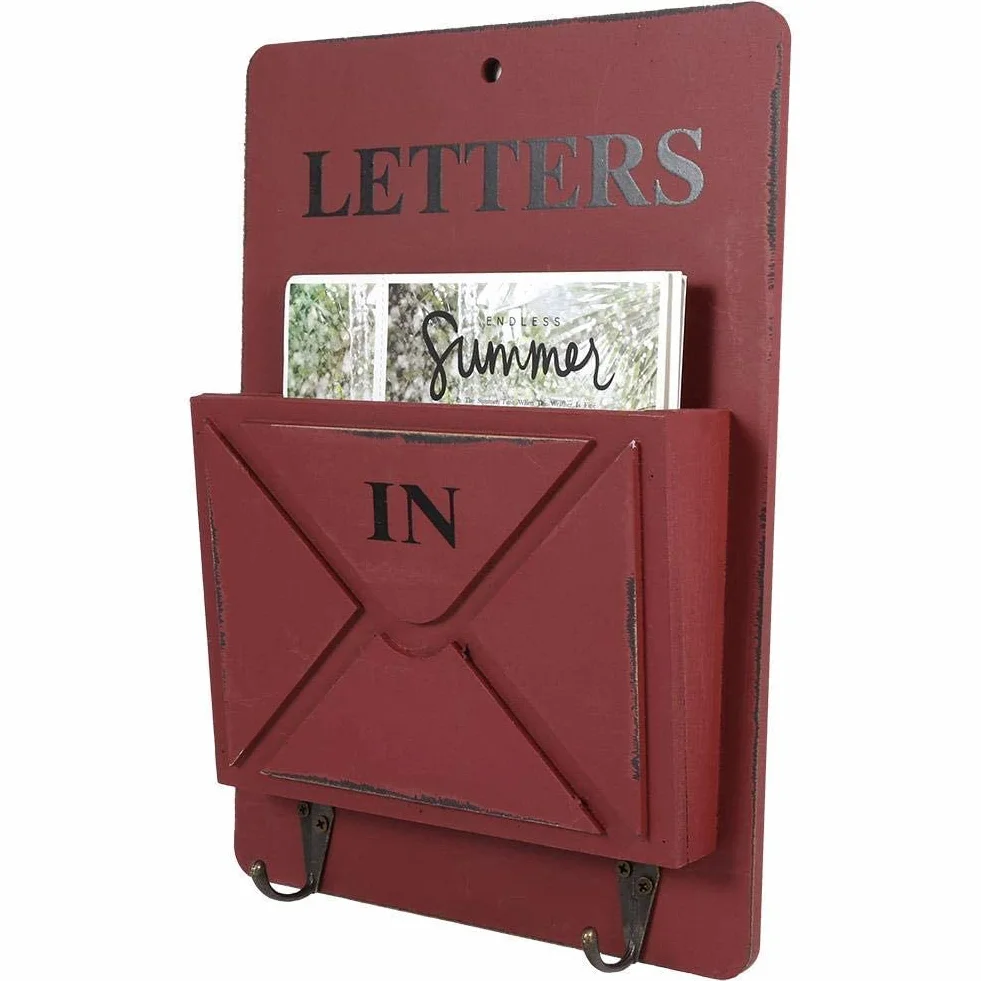 Decorazione Domestica Creativa di stoccaggio della Parete del Portachiavi dello scaffale di Lettere della Cassetta Postale di Legno con Il Gancio(Rosso)