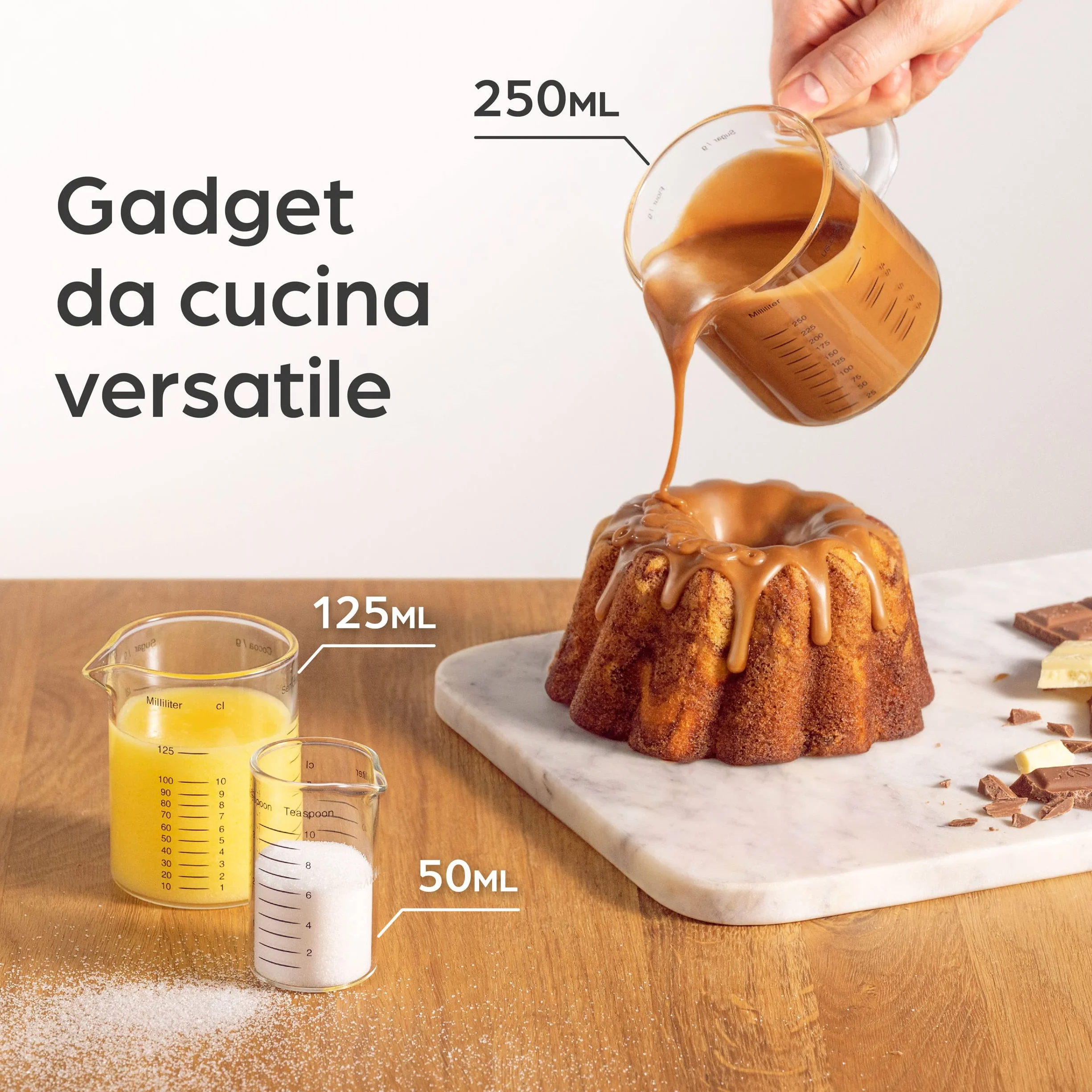 Praknu Brocca Graduata in Vetro - 50ml, 125ml, 250ml - Scala Precisa - Impilabile - Resistente al Calore e al Microonde.