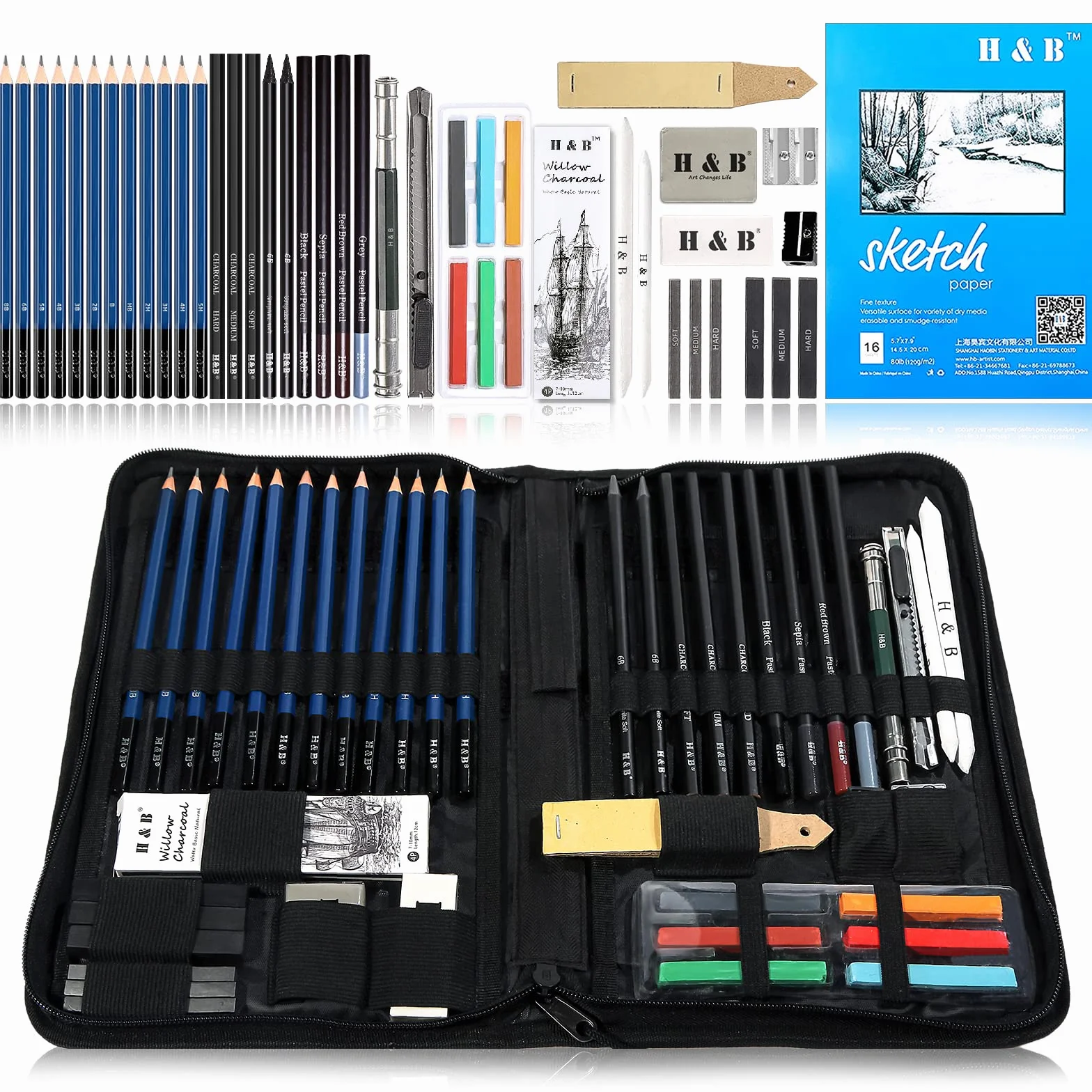 H & B Sketch Set di matite per artisti Kit da disegno in caso di cerniera con pad da disegno, tutti i materiali vari e materiali d'arte per la tua pittura (48 pezzi Advanced Pack).