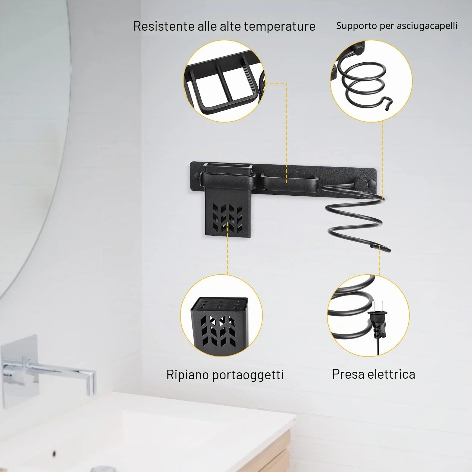 YUET Supporto per asciugacapelli, Porta Asciugacapelli da Parete Alluminio con Fermacavi con Viti di Fissaggio, Supporto per Piastra per Capelli per Camere da Letto Toilette Barbiere (Nero)