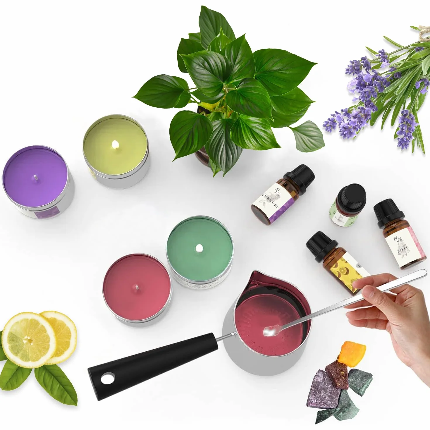 Kit Candele fai da te, Cera di soia, Oli Profumati, Stoppini, Crogiolo, Scatole, Colorante