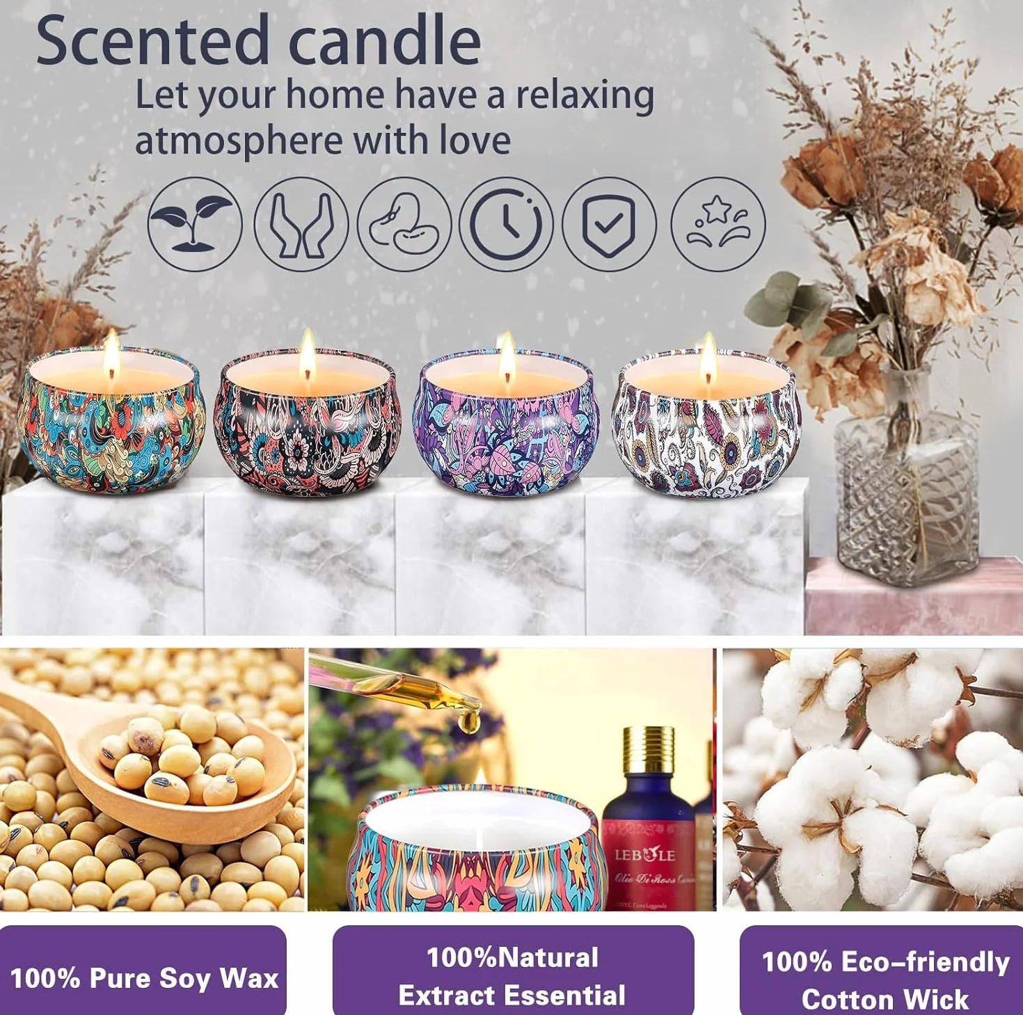 Kit per Fabbricazione Candele Fai da Te con Cera di Soia, 8 Candele Barattoli, Stampo in Silicone