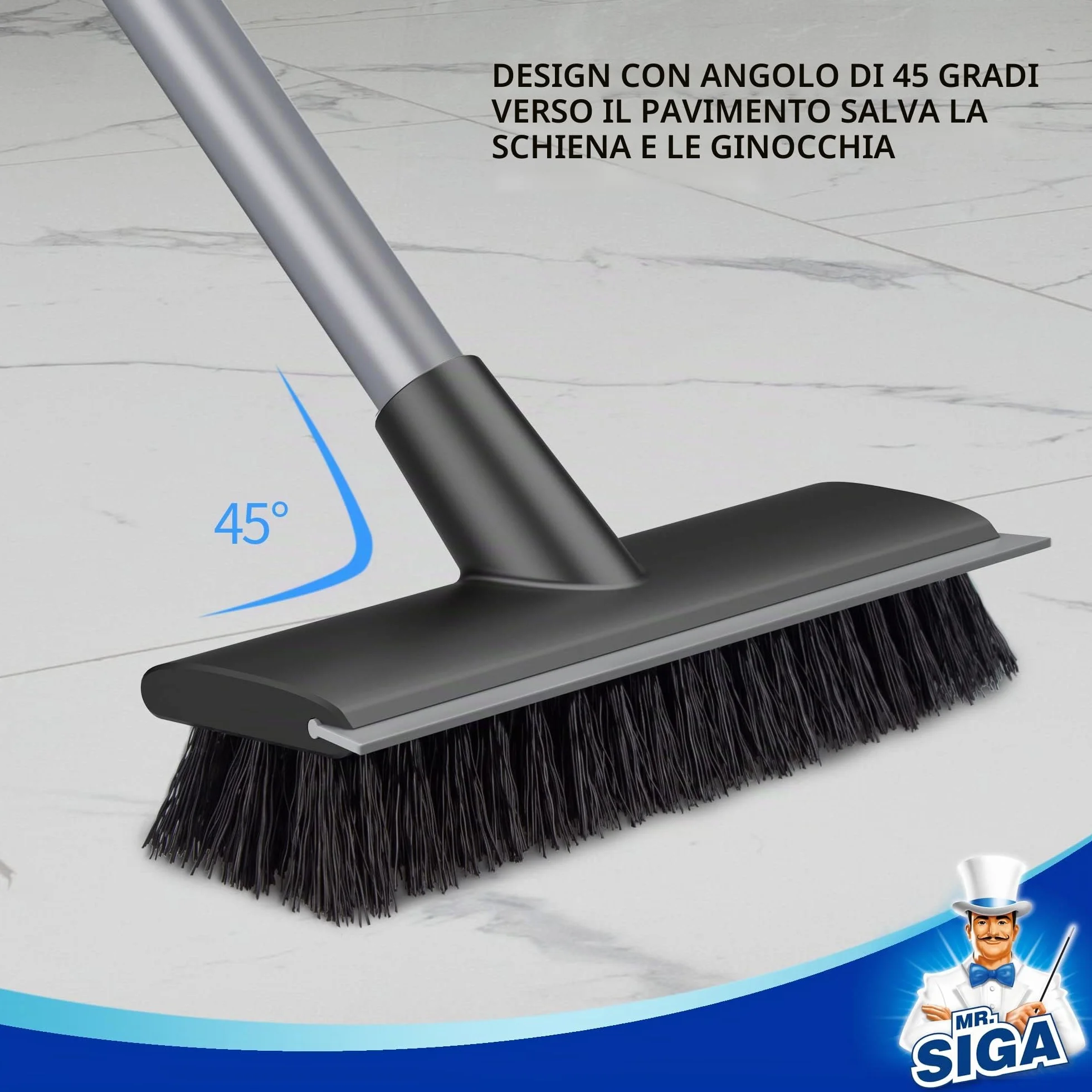 MR.SIGA lavapavimenti con manico lungo, spazzola 2 in 1 con tergipavimento ad acqua per la pulizia di piastrelle, terrazze, bagni, piscine e terrazze, lavapiastrelle con setole rigide