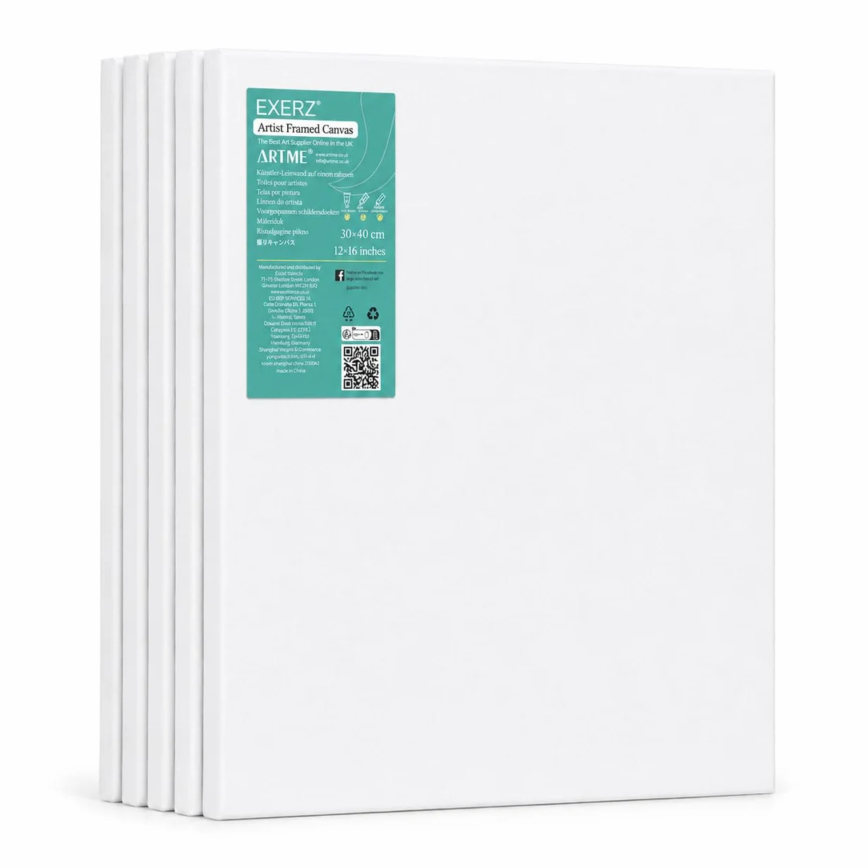 EXERZ Tele Intelaiate 30x40cm 5pz Pittura Artisti 280GSM Spessore 1.7cm 100% Cotone Bianca Grana Media