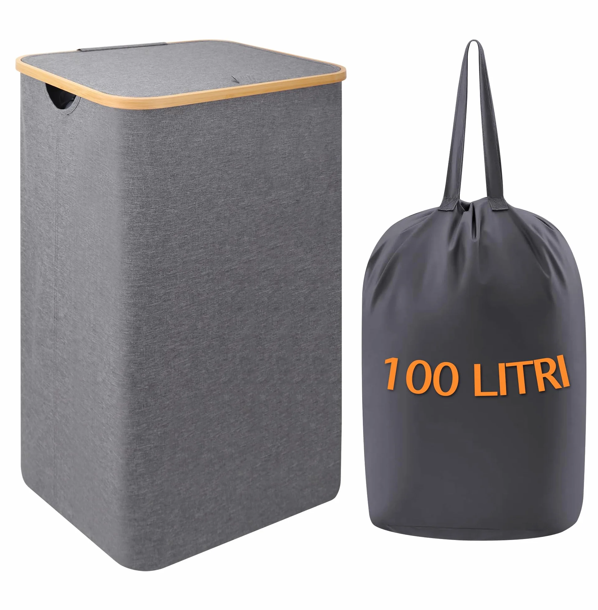 IlGruppone Cesto Portabiancheria con Coperchio Cesta Bucato 100L con Sacco Interno Removibile Tessuto Oxford Manici in bambù Pieghevole Grande Biancheria Sporca - Grigio