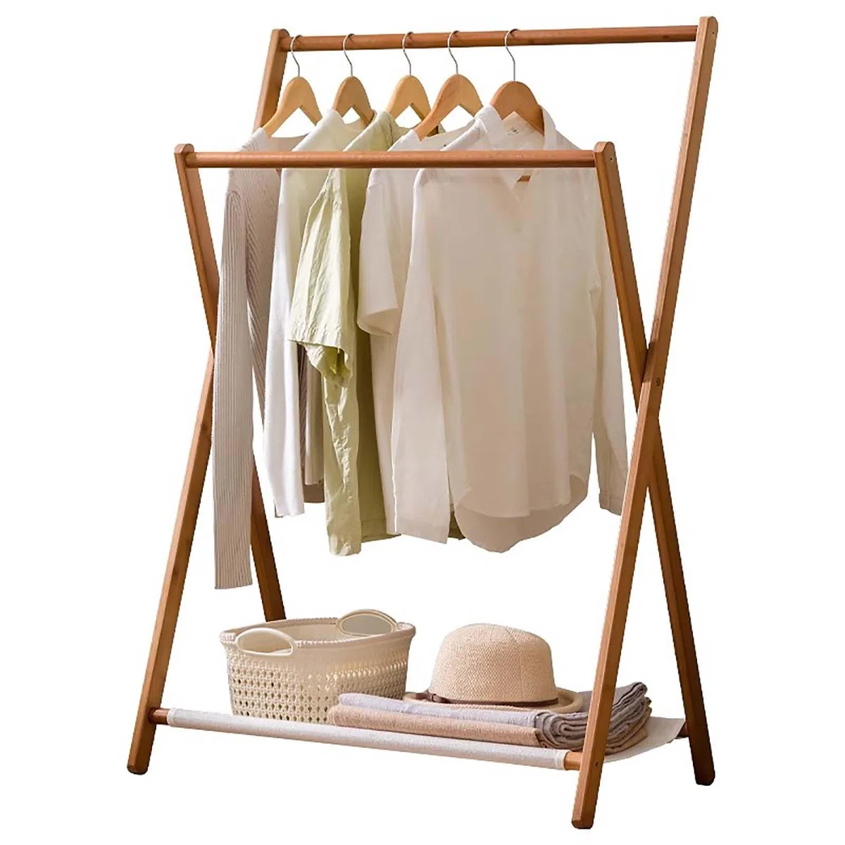 Appendiabiti a doppia asta, appendiabiti pieghevole in bambù, da pavimento, 79 x 114 cm, organizer versatile per abbigliamento e accessori