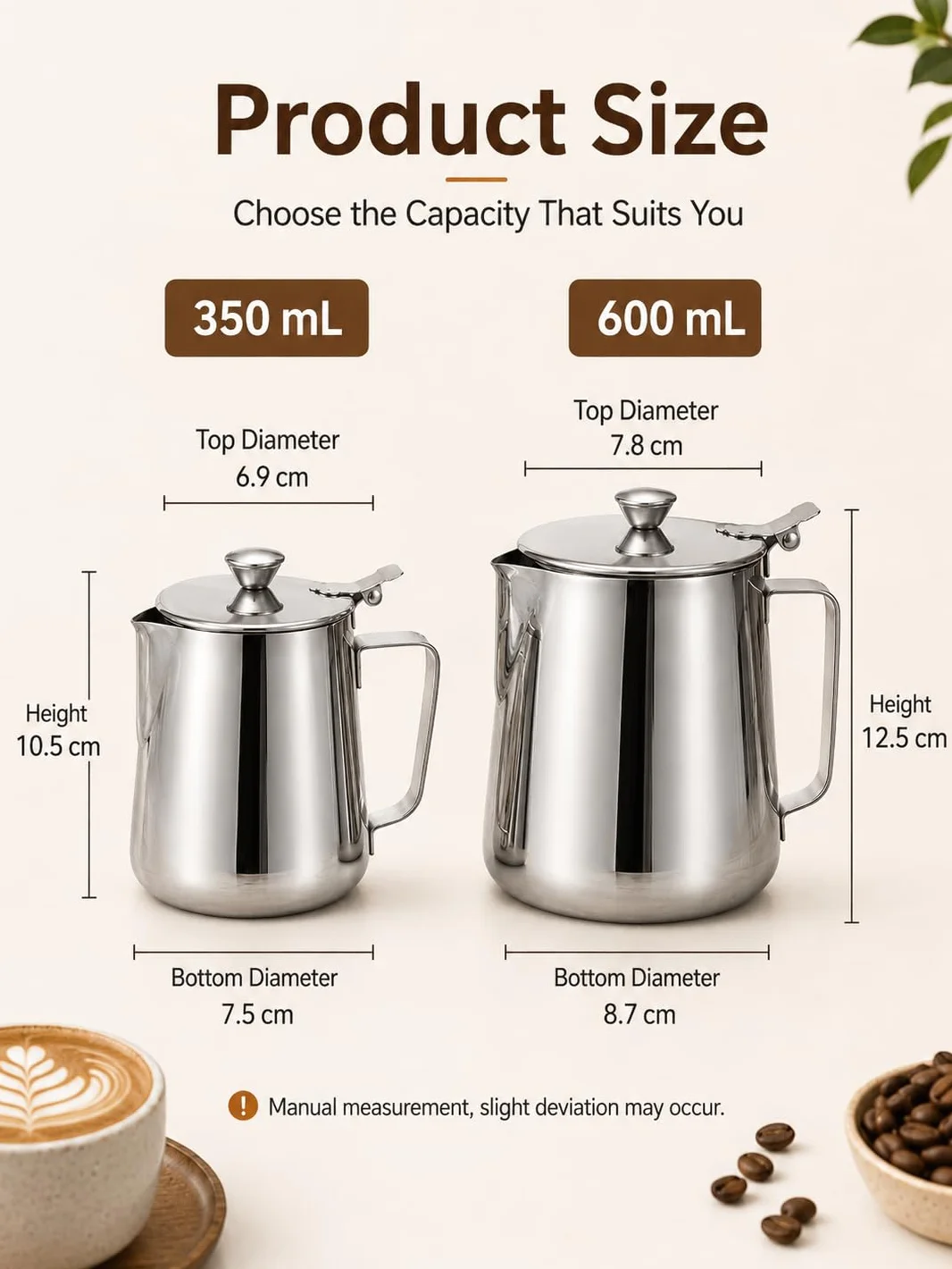 VOBOR Pentolino Latte In Acciaio Inossidabile, Brocca Per Tazza Da Caffè Con Coperchio Per Schiuma Di Latte Art (350 Ml)