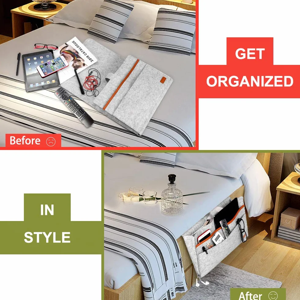 SIMBOOM Organizer per Letto 4 Tasche Portaoggetti Borsa in Feltro Comodino Grigio Chiaro