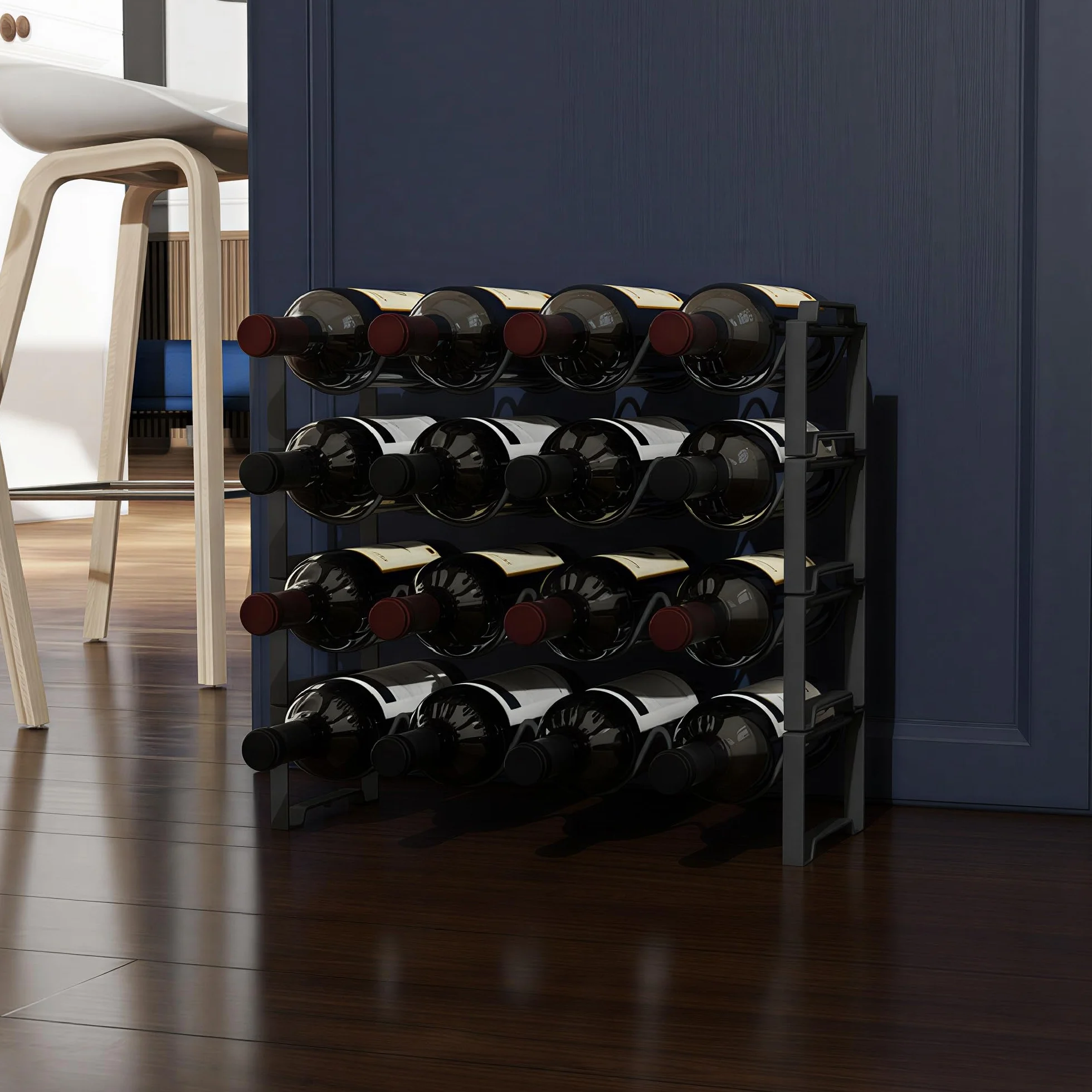 HOMCOM Portabottiglie Vino 4 Livelli Impilabili 16 Bottiglie Metallo 42.5x16.5x41 cm Nero
