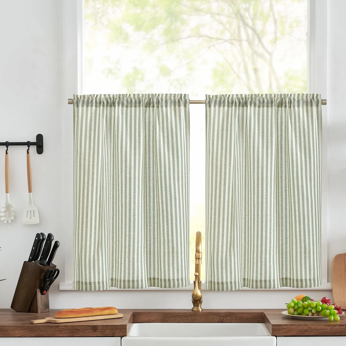 TOPICK Tende a righe in lino con strisce, opache, per cucina, sala da pranzo, bagno, piccola finestra, 65 x 60 cm, verde su beige