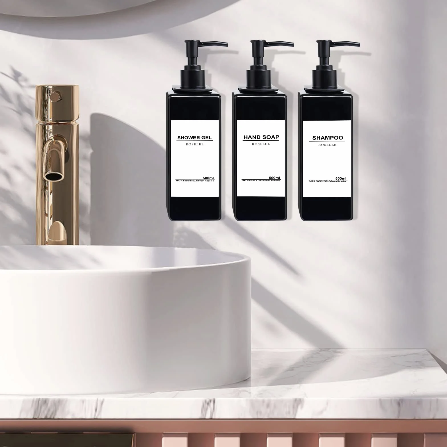 Roselee 3 Pezzi Dispenser Sapone Doccia da Muro, Dispenser Sapone Bagno Senza Foratura, 500ml Dispenser Doccia Shampoo e Bagnoschiuma con Etichetta per Bagno, Cucina