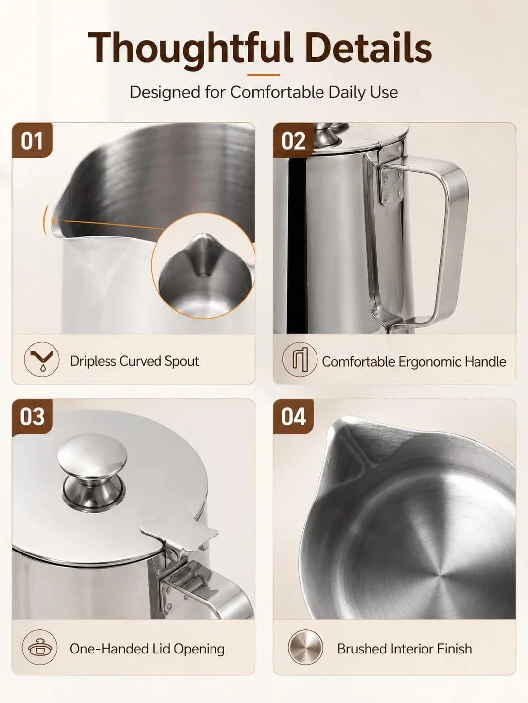 VOBOR Pentolino Latte In Acciaio Inossidabile, Brocca Per Tazza Da Caffè Con Coperchio Per Schiuma Di Latte Art (350 Ml)