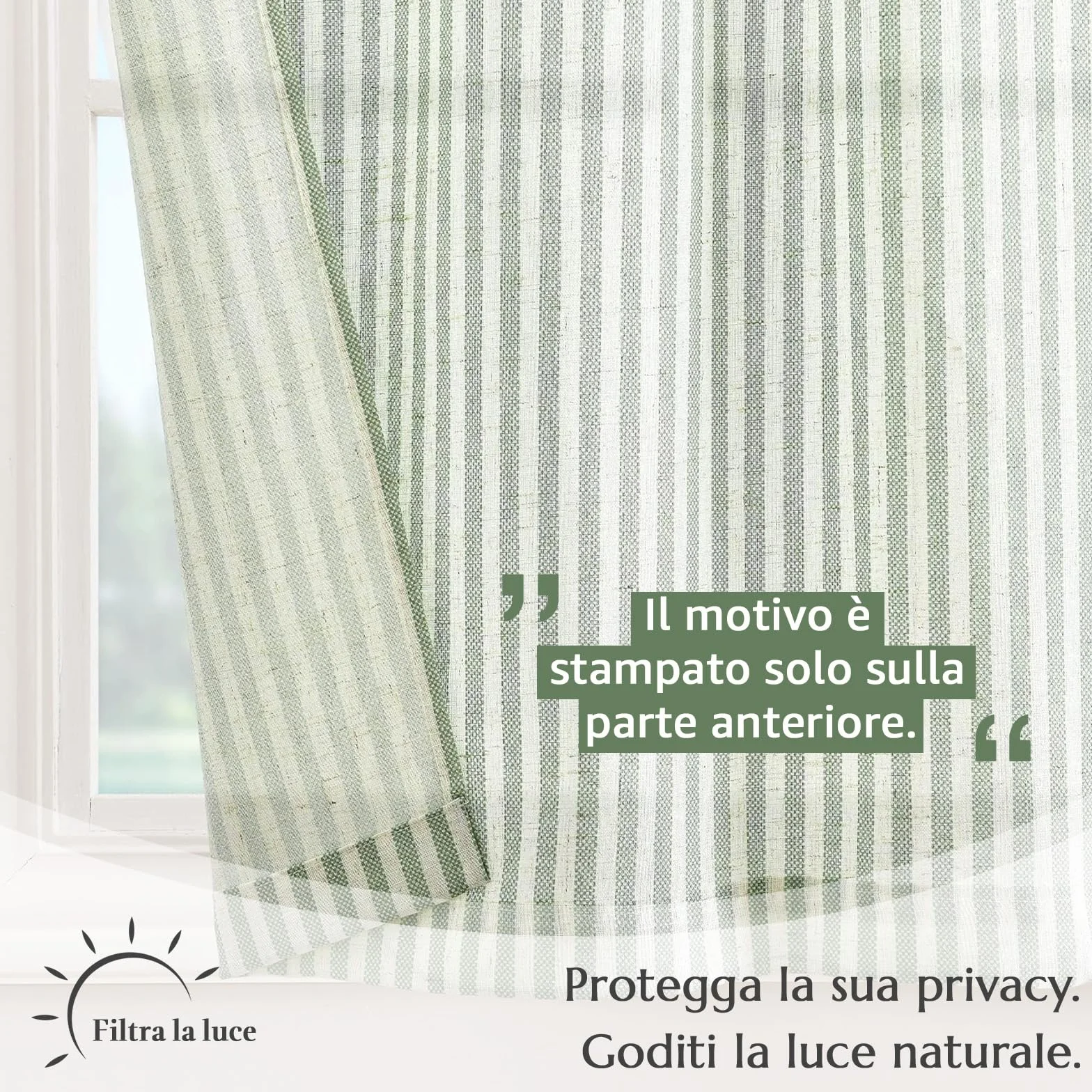TOPICK Tende a righe in lino con strisce, opache, per cucina, sala da pranzo, bagno, piccola finestra, 65 x 60 cm, verde su beige