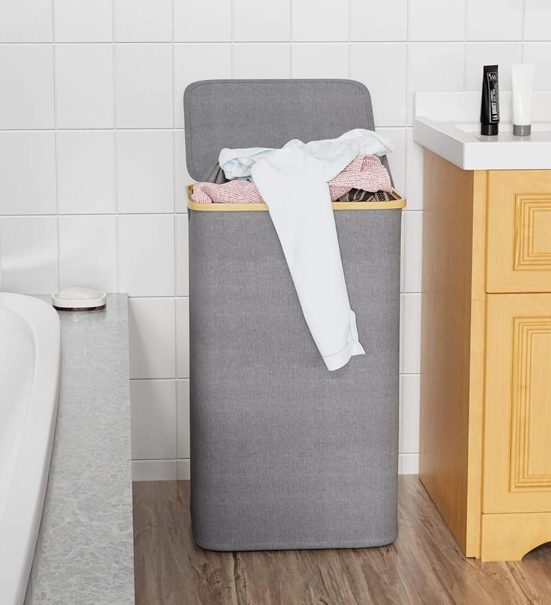 IlGruppone Cesto Portabiancheria con Coperchio Cesta Bucato 100L con Sacco Interno Removibile Tessuto Oxford Manici in bambù Pieghevole Grande Biancheria Sporca - Grigio