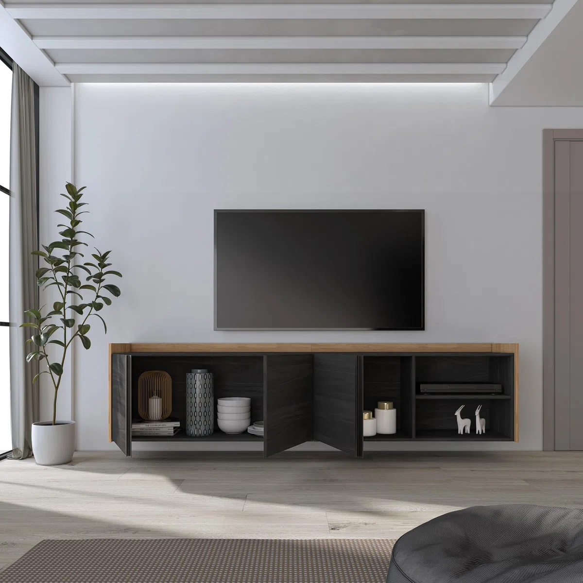 Skraut Home | Mobile TV Soggiorno | 207x50x35 cm | Nero e rovere | Ampio spazio a disposizione | Per TV fino a 80" | Sospeso, da appendere | Stile moderno