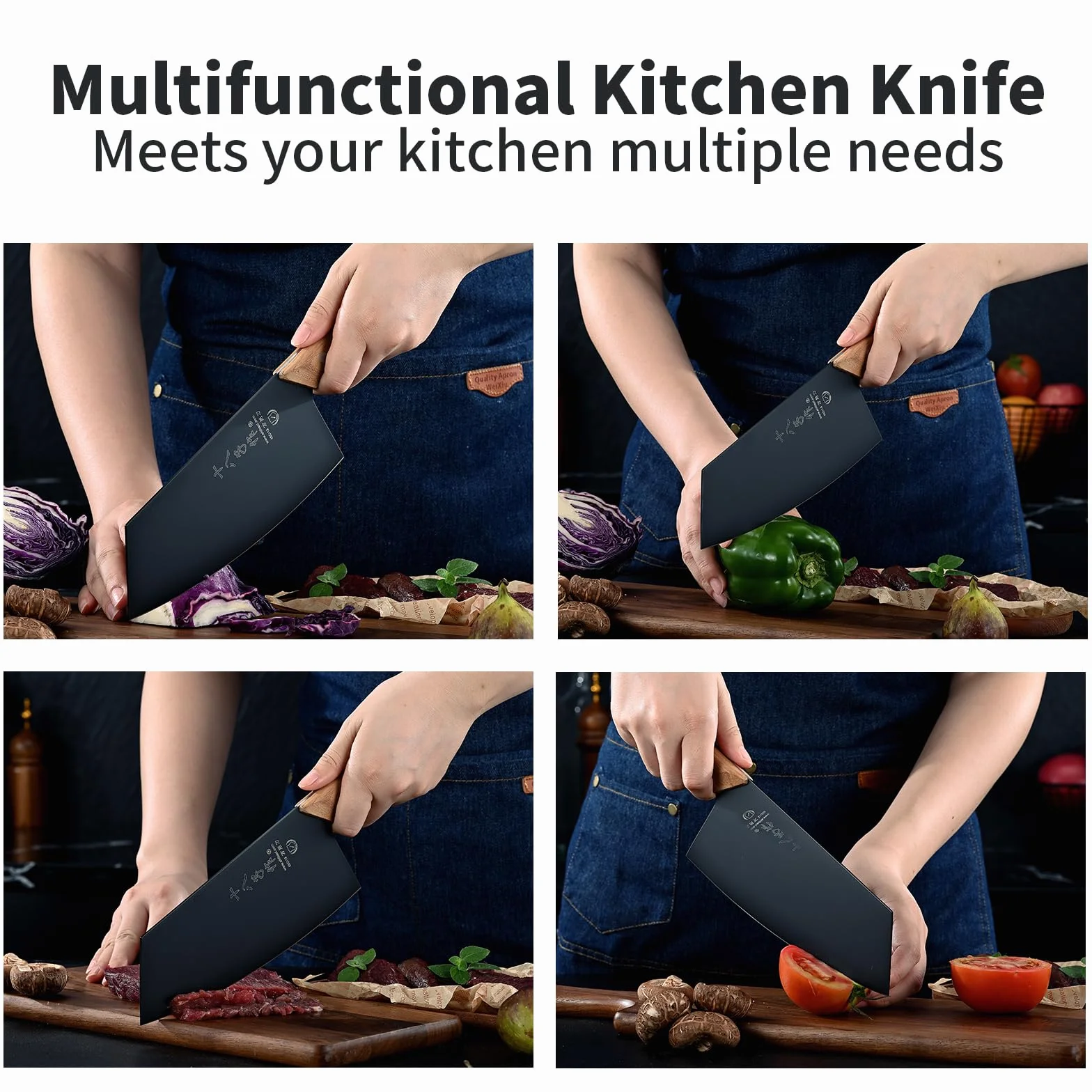 Coltello Chef da Cucina con Lama Nera e Maniglia in Legno Ergonomica