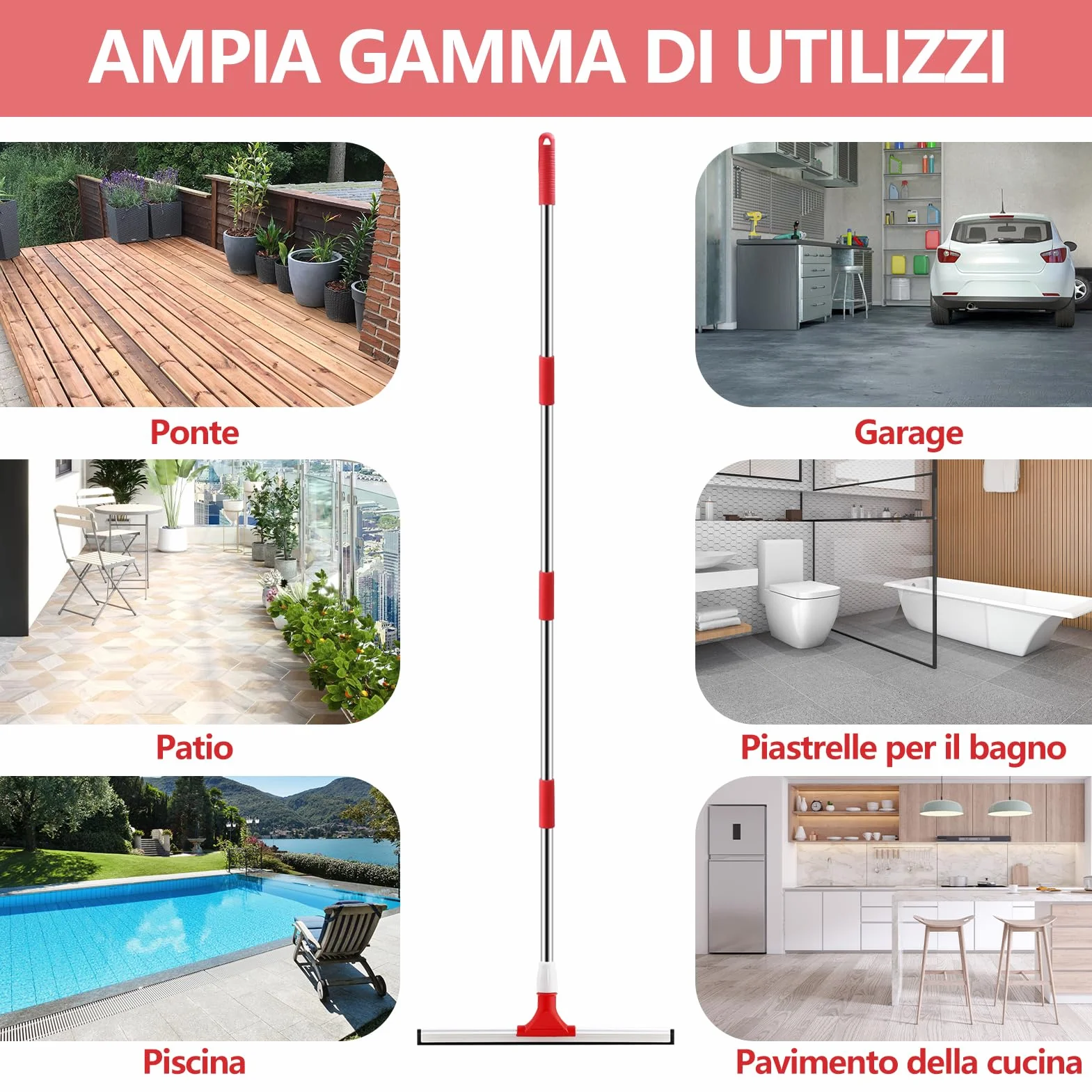 Mitclear 43cm Tergipavimento Pavimenti con Manico di Prolunga(147cm), Tergipavimenti in gomma per impieghi gravosi, Tergipavimento Spingiacqua con Spazzola per Garage, Doccia, Bagno, Patio, Giardino