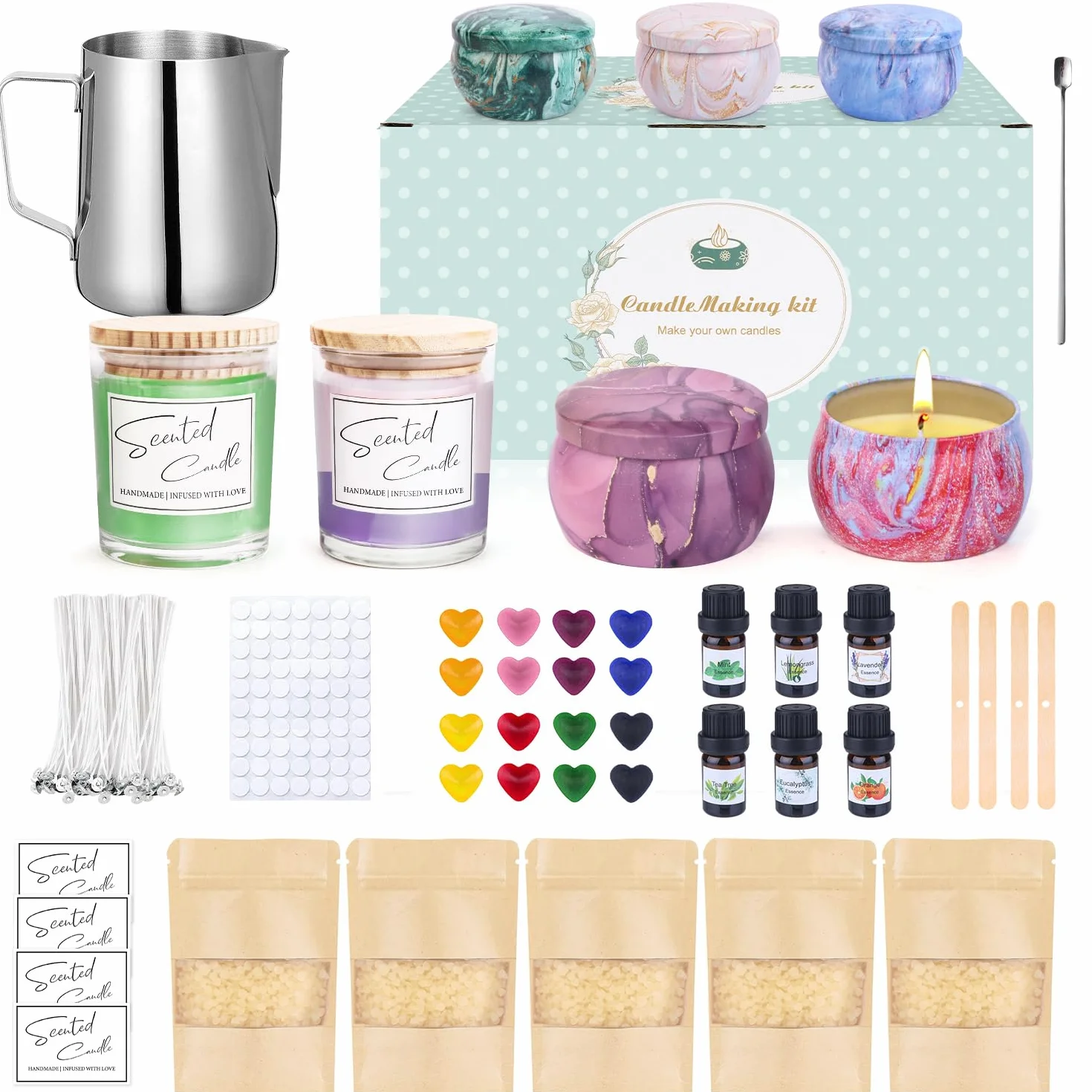 Set candele fai da te con cera d'api 625 g, 16 coloranti, bicchieri 6 oz per adulti e principianti