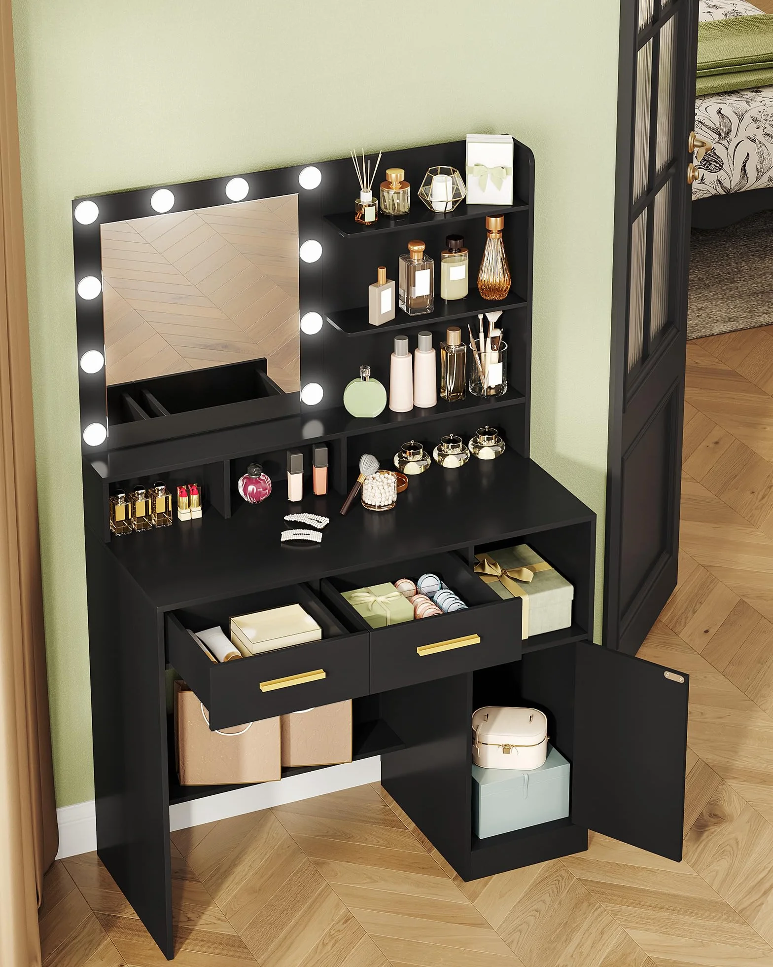 Hzuaneri Toeletta da Trucco, con 10 Luce LED con Luminosità Regolabile, Tavolo da Trucco con Specchio, 2 Cassetti e 1 Armadietto, 3 Ripiani e 4 Scomparti Aperti, Nero DT32506X