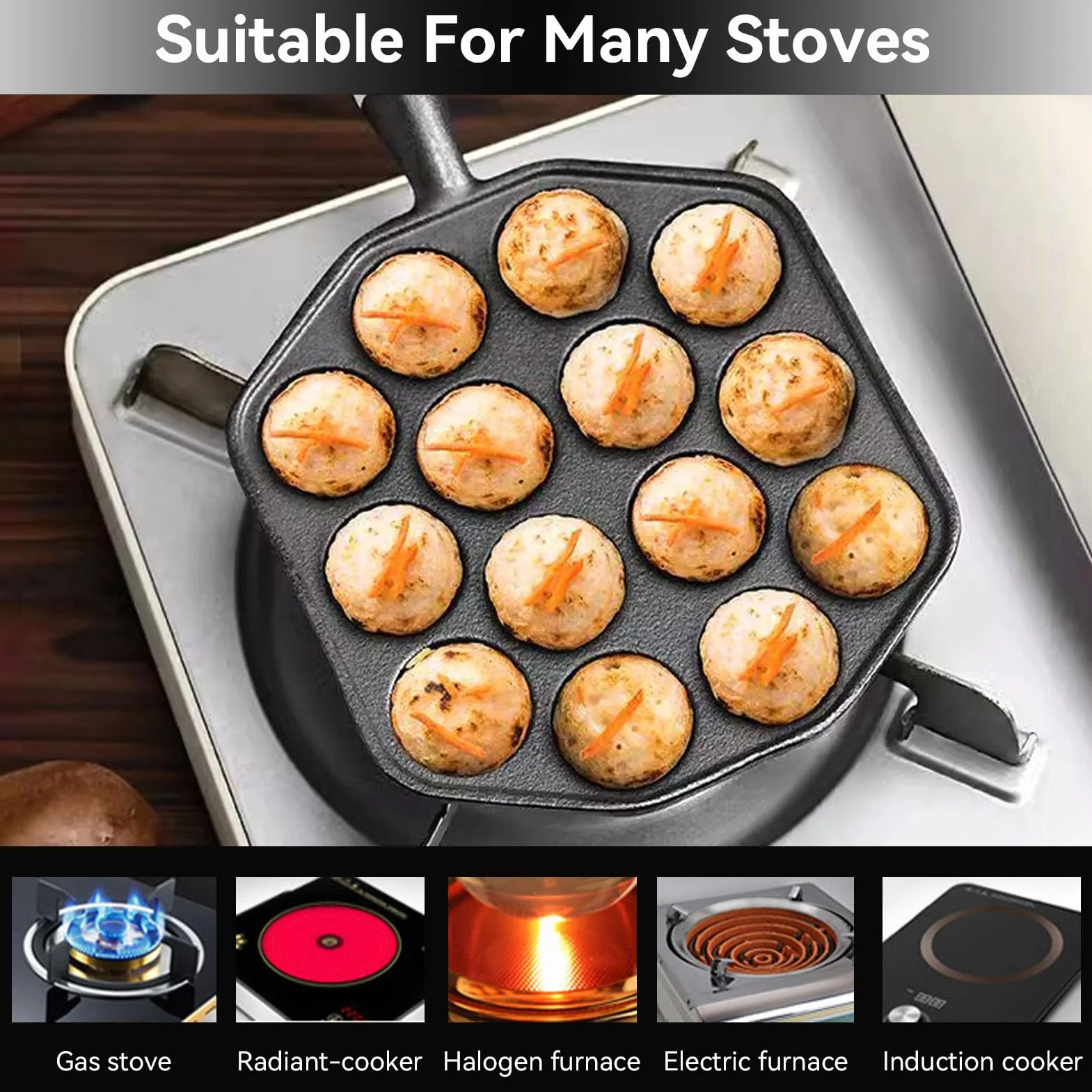 Takoyaki Maker 14 Fori Grill Pan Aebleskiver Padella Antiaderente Manico Legno