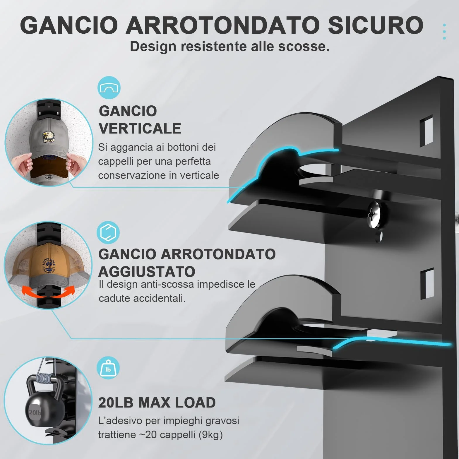 Set da 2 Portacappelli Adesivo per Parete & Porta, Organizzatore per Cappellini da Baseball Capienza 20 Cappelli - Scaffale senza Fori con Cordino Regolabile per Guardaroba