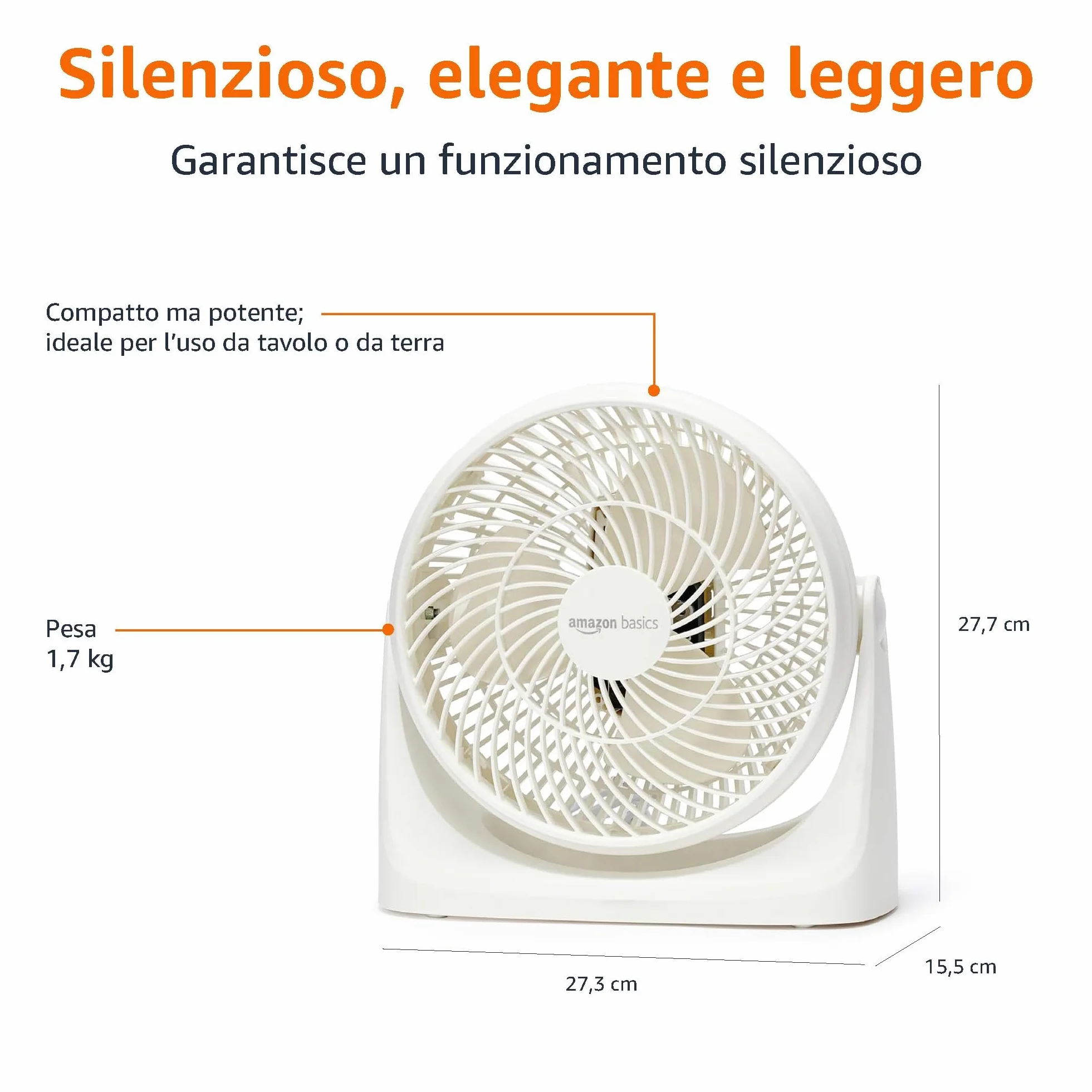 Amazon Basics Ventilatore da tavolo portatile, 18 cm, raffreddamento silenzioso, 3 impostazioni di velocità, inclinazione variabile a 90°, Bianco, 15,49 x 27,3 x 27,69 cm